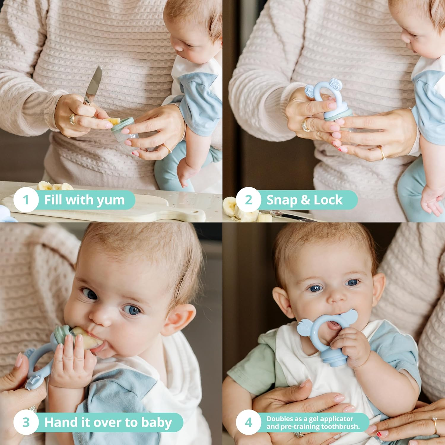 Cherub Baby Non-Toxic BPA Free Silicone Fresh Food Feeder, Self-Feeding, Dishwasher, Freezer and Steriliser Safe, 4 Months and Older - Dusty Rose/Sand - Cerulean/Sage image number 3