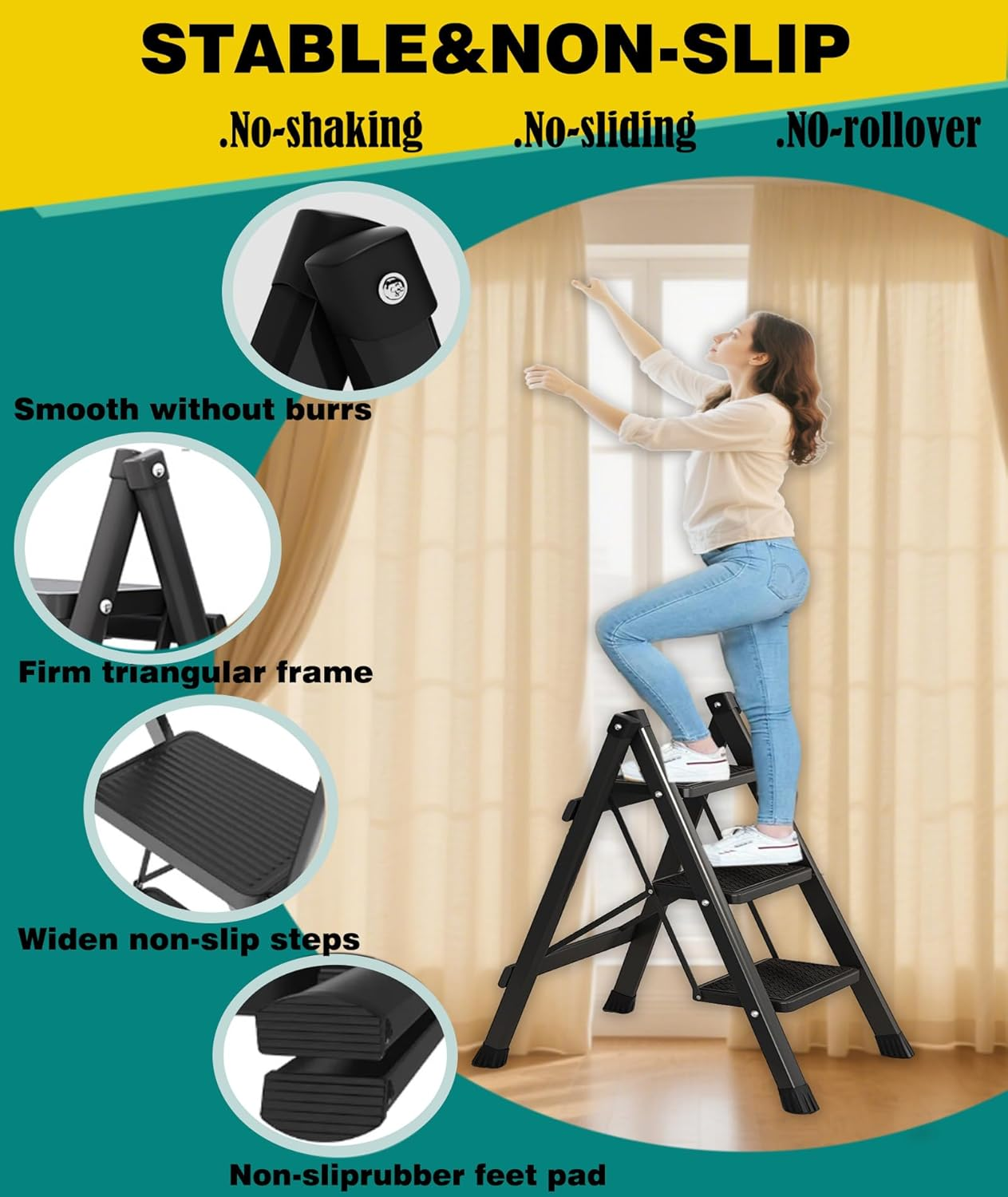 3-Step Folding Step Stool, Aluminum, Anti-Slip Surface, Lightweight & Portable, Max Load 150Kg, Black | Perfect for Home, Kitchen, Office, and Outdoor Use（Black） image number 2