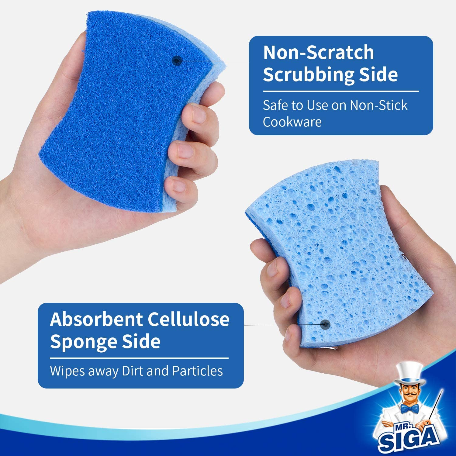 MR.SIGA Non-Scratch Cellulose Scrub Sponge, Dual-Sided Dishwashing Sponge for Kitchen, 12 Pack - Heavy Duty - 12 Pack image number 5