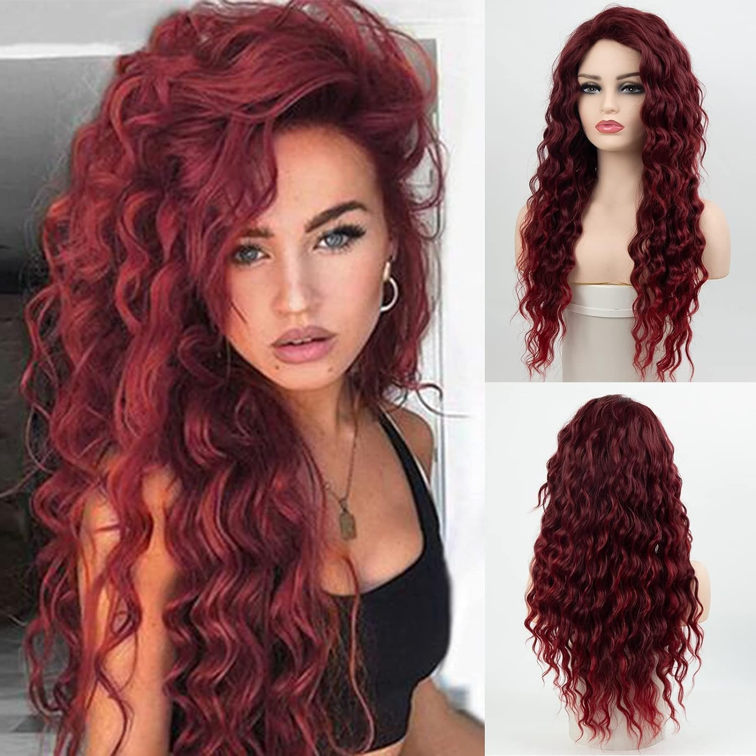 Beweig Long Curly Wavy Wine Red Wig for Women Side Part Burgundy Natural Looking Cosplay Synthetic Fibre Wig Heat Resistant Replacement Wig - L205-Rot image number 2
