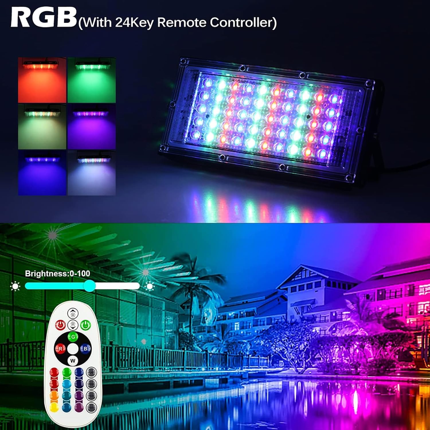 RGB Flood Light,Led Flood Light - 2 Pack 100W Smart RGB Light with Remote Control,Waterproof IP66 Floodlight,Outdoor Colour Changing Lights for Garden,Yard,Stage Lighting,Discos image number 1