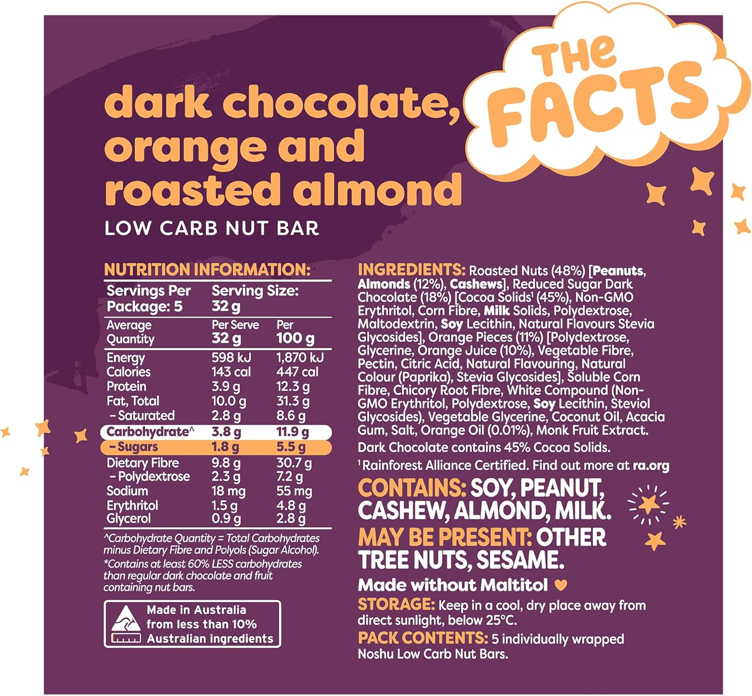 Noshu Low Carb Dark Chocolate Orange & Roasted Almond Nut Bars &ndash; 5 Pack (160G) image number 6