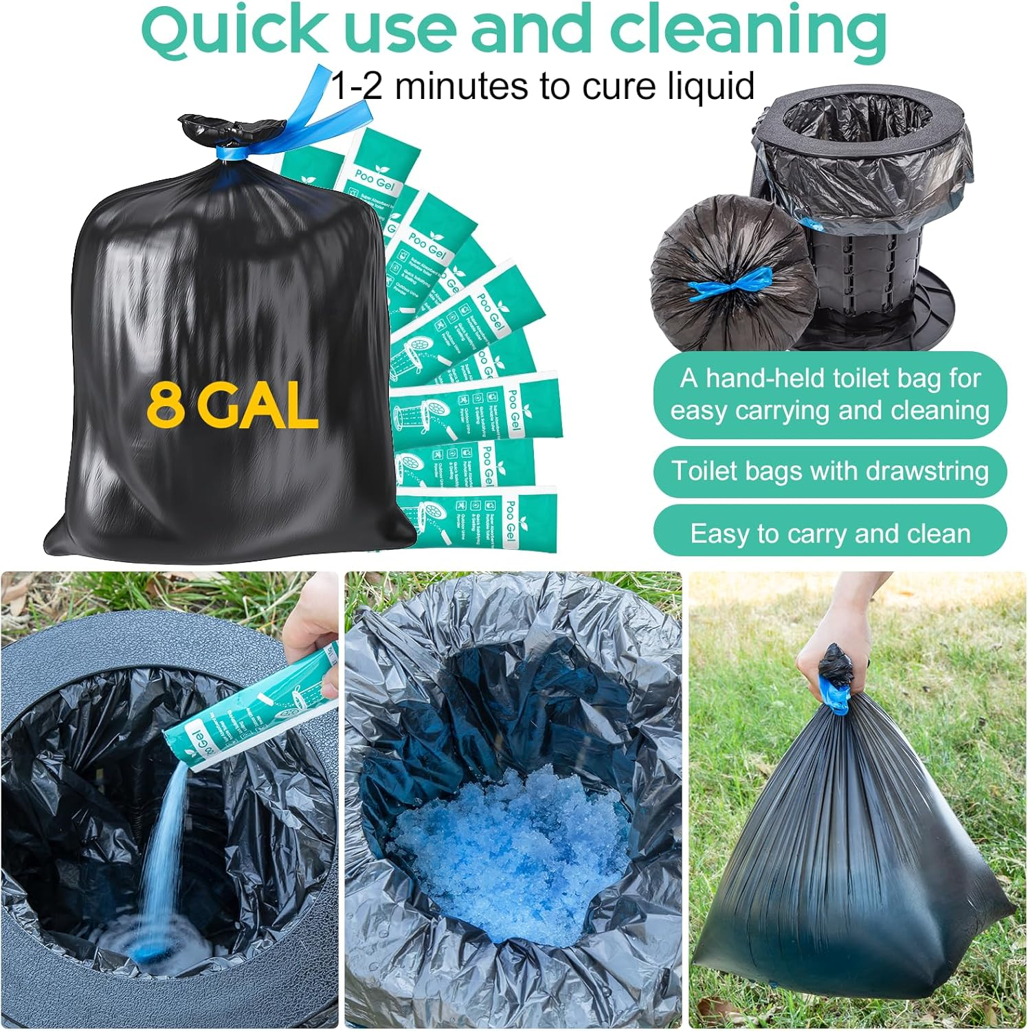 30 Portable Toilet Bags Poo Gel Set, 8 Gallon Camping Toilet Bags with Portable Absorbent Toilet Gel, Urine Powder with Potty Trash Waste Bags for Outdoor Camping, Traveling, Emergency image number 1