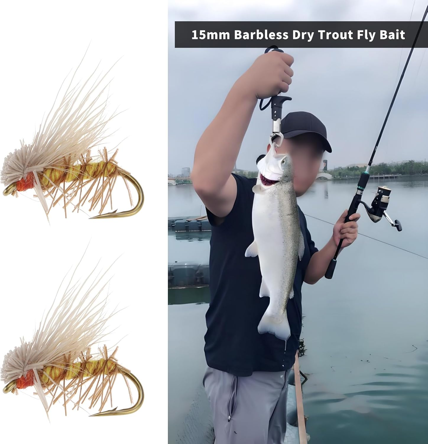 Emsea 12Pcs Barbless Dry Flies Fly Fishing Lures Silkworm Moth Fly Bait Hand Tied Fishing Flies for Fishing Trout Bass Salmon 15Mm image number 3