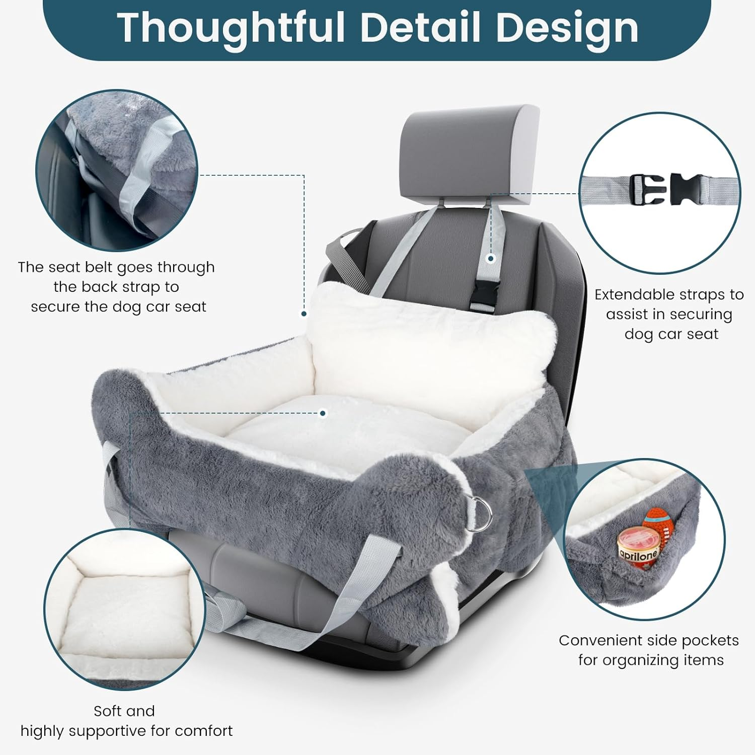 29.5"X19.7"X9.8" Dog Car Seat for Middle Dogs & Cats, Car Seat for Dogs with Plush Cushion, Non-Slip Bottom & Safety Leash, Cat & Dog Bed with Side Pocket for Sedan, SUV and Truck, Washable