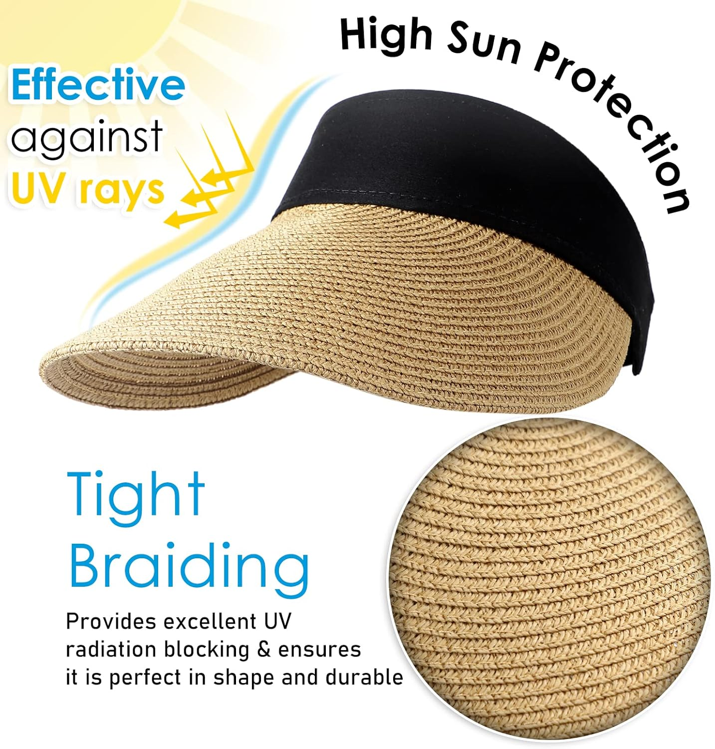 Straw Sun Visor Hats for Women Wide Brim Roll-Up Foldable Beach Visors Cap Summer UV Protection, Khaki, One Size image number 3