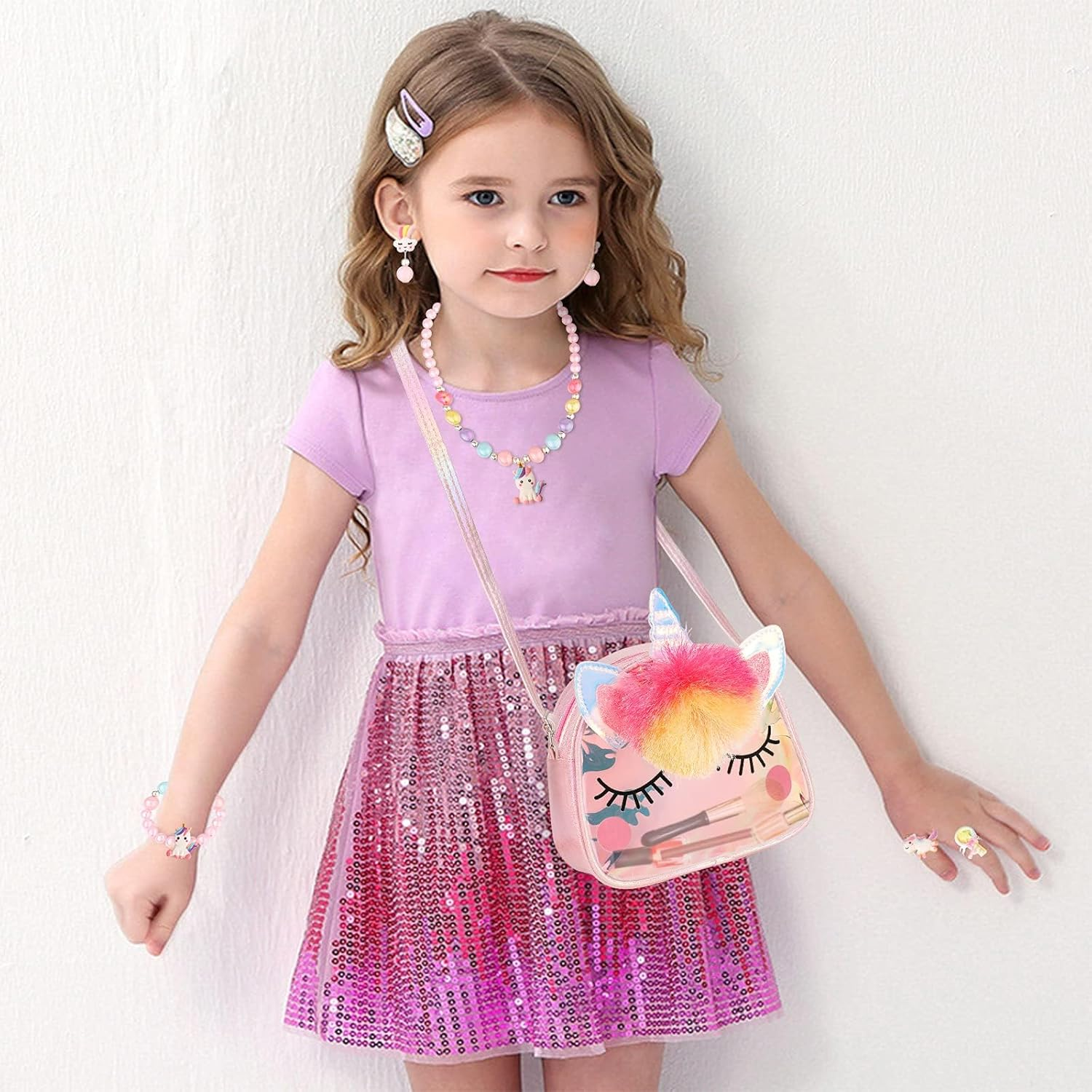 Unicorn Crossbody Bag Purse with Jewelry Set Little Girls, Unicorn Princess Necklace Bracelet Rings Earrings Handbag Accessories, Jewelry Party Favors Gift Dress Up