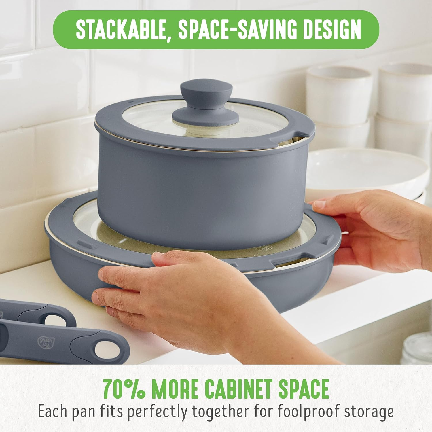 Greenlife 10 Piece Ceramic Pots and Pans Set, Nonstick Detachable & Stackable Cookware Set, Induction Kitchen Pans, Space Saving with Removable Handle, Oven Safe, Non Toxic Pfas-Free, Graphite - Greenlife image number 4