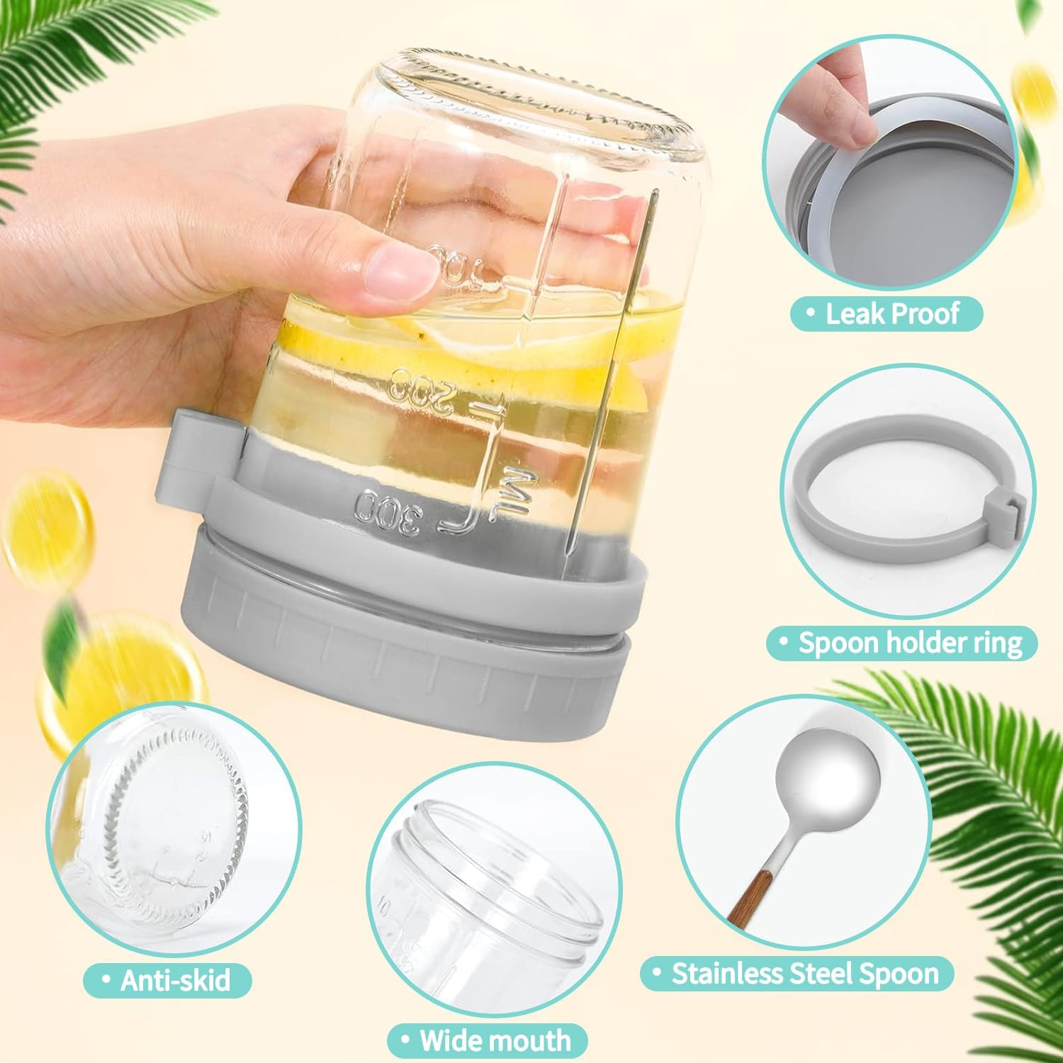 Overnight Oats Container Jars, 12 Oz Glass Airtight Yogurt Oatmeal Jars Set of 6, Overnight Oats Containers with Lids and Spoons, Large Capacity Portable Breakfast Jars Set with Measurement Marks image number 4