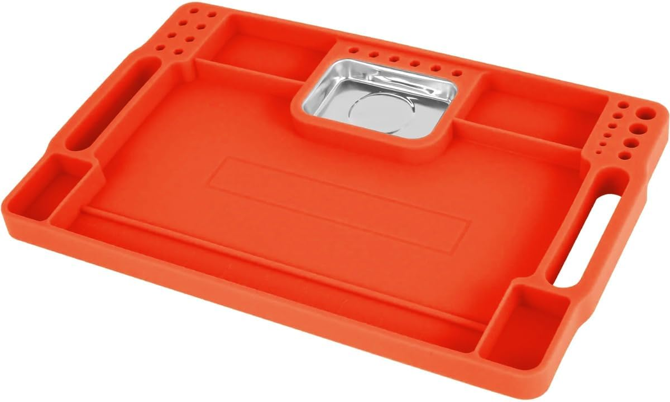 AIMALL Silicone Tool Tray with Stainless Steel Magnetic Tray, Orange, 14.17 X 9.05 Inches