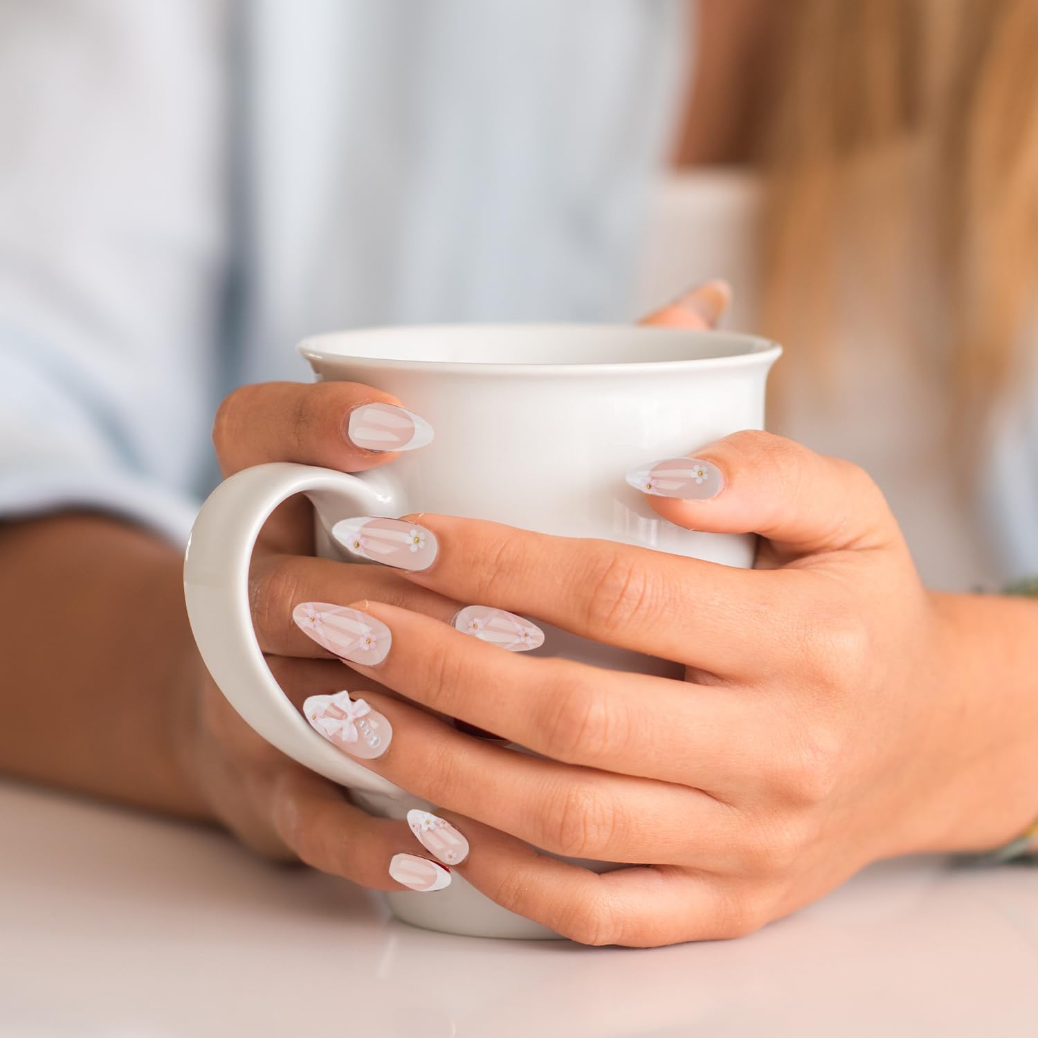 24 Pieces Press on Nails False Nails French Tip Fake Nails Glue on Nails Full Cover Oval Glue on Nails for Women Girls Nail Art Accessories (Style 2) image number 4