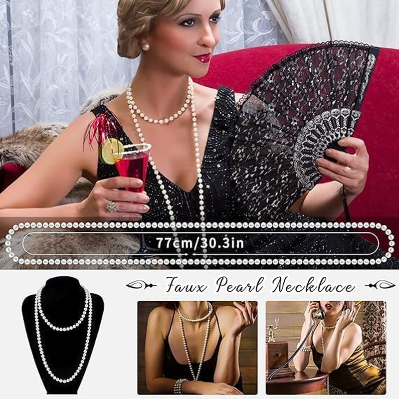 Wzenclave 1920S Gatsby Accessories Set for Women Flapper Costume 5PCS Roaring 20S Flapper Headband Pearl Necklace Gloves Plastic Holder Costume Harlem Nights Accessories Set for Women image number 3