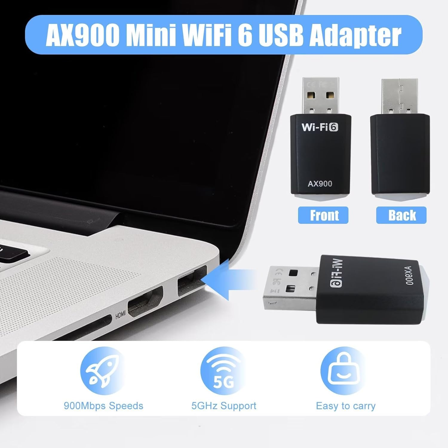 DOORYARD Wifi 6 Adapter AX900 Dual Band 5Ghz 600Mbps/2.4Ghz 286Mbps USB Computer Wireless Dongle for PC Desktop Laptop Built-In Driver Supports for Windows 11/10/7, USB 2.0 Network Adapter