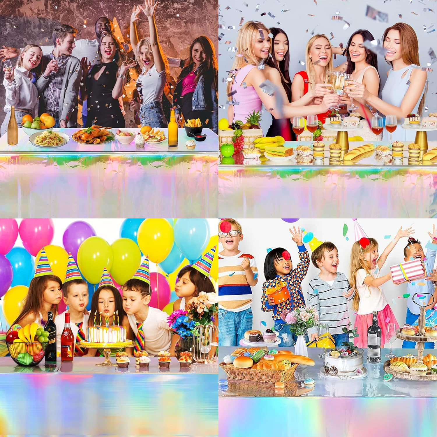 4 Pack Iridescent Tablecloths - Shiny Laser Rectangle Table Covers for Parties, Events, Birthdays, Weddings, and Celebrations - Holographic Foil Decoration