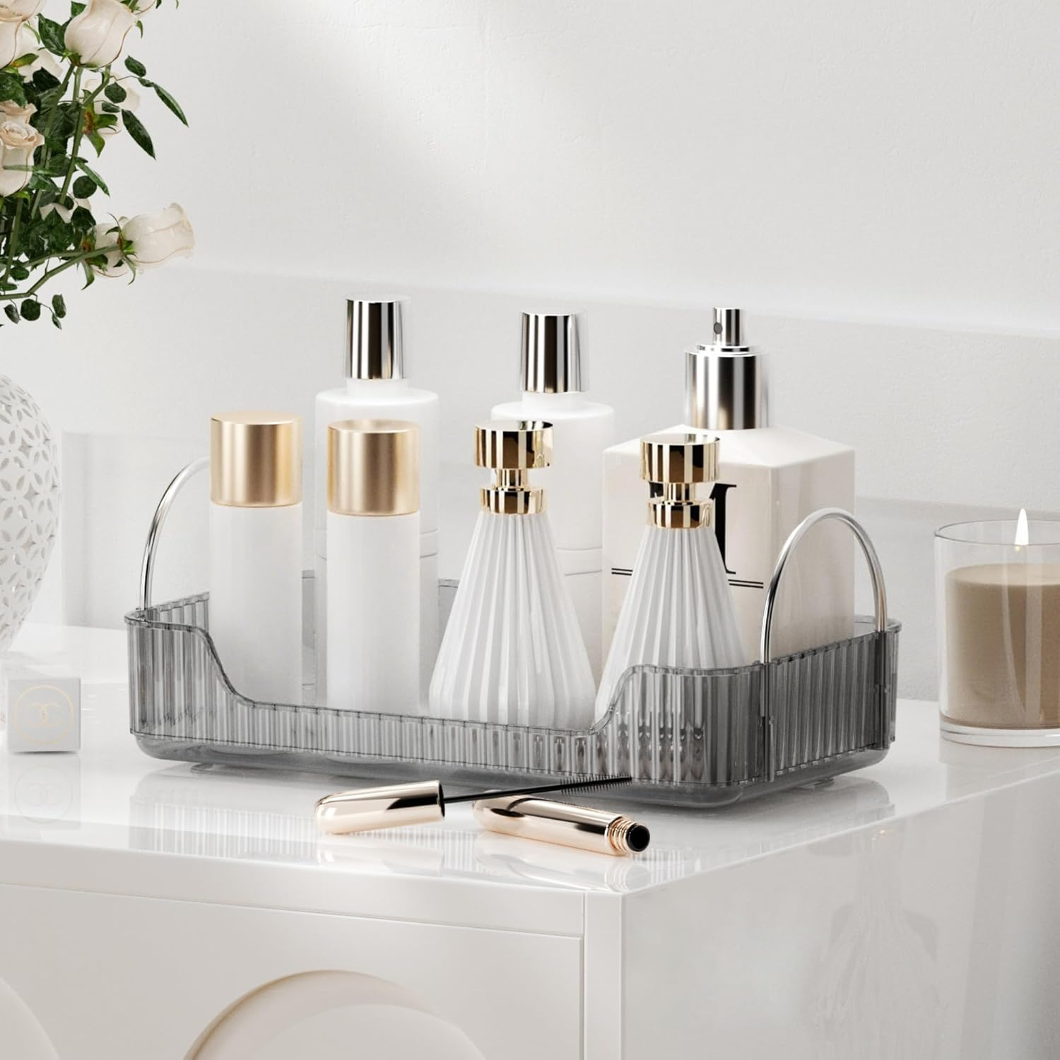 Ycia&Done Bathroom Organizer Countertop, Makeup Storage, Skincare Cosmetic Tray Shelf, Perfume Holder Rack for Vanity Counter, Large Capacity, Easy to Install, Clean, 2 Tiers, Amber Gold