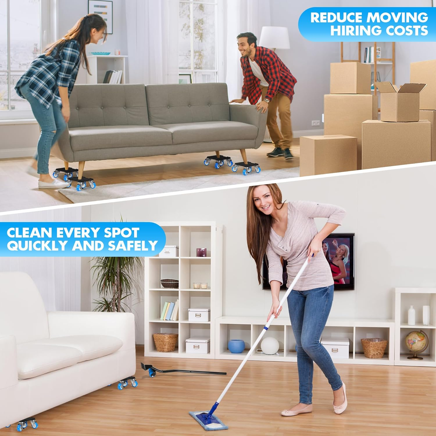 Heavy Duty Furniture Moving Tool Set, Supports up to 500 KG, 5 Wheel Metal Furniture Dolly, Appliance Sliders with Wheels, Furniture Lifter Tool (Blue, 16 CM *16 CM) image number 6