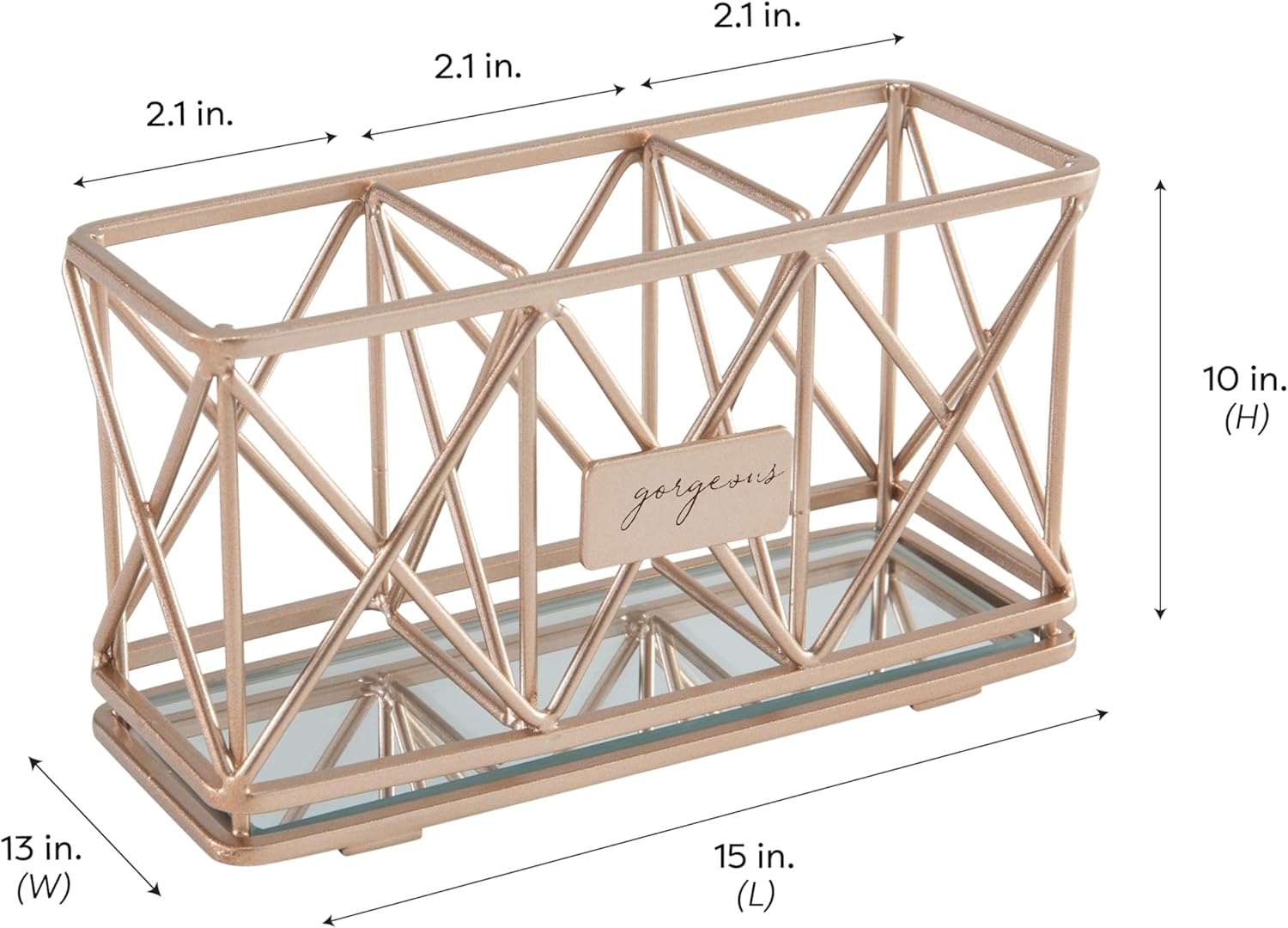 Home Details Mirrored, Pencil, Vanity Organizer, for Closet, Dresser, Bathroom, Office, Stylish Decor 3 Compartment Cosmetic Brush Holder, Rose Gold - Rose Gold image number 5