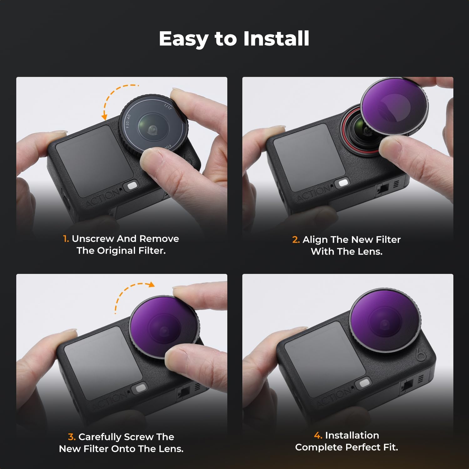 K&F CONCEPT ND Filter Kit Compatible with DJI Osmo Action 6, 4 Pack CPL ND8 ND16 ND32 Screw on Polarizing Neutral Density Filters Optical Glass/Multi-Coated Action Camera Lens Accessories image number 6