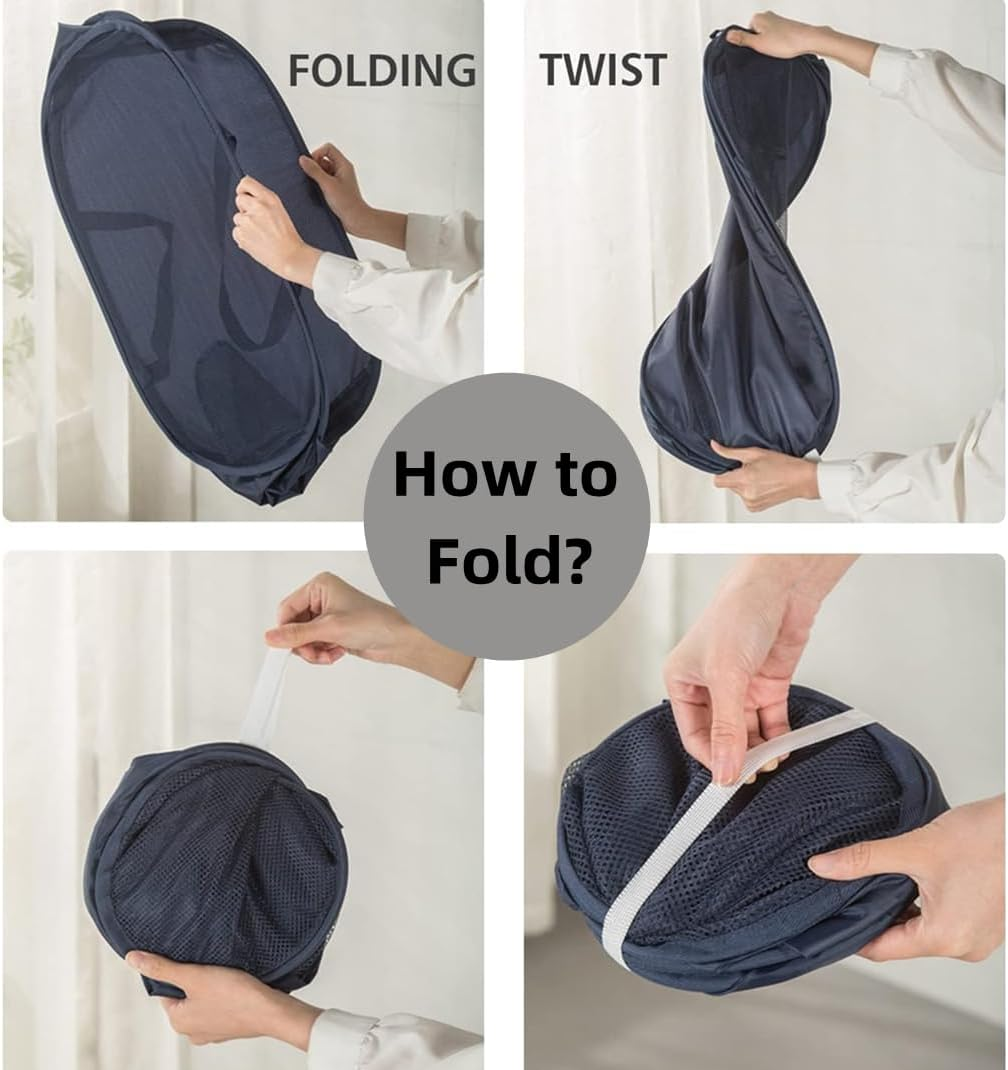 IREES Durable Collapsible Laundry Baskets, 2PCS Mesh Pop up Laundry Hamper,Lightweight Mesh Basket with Reinforced Carry Handles for Laundry, Dormitories, Families, Travel, and Camping (Black) - Blue image number 6