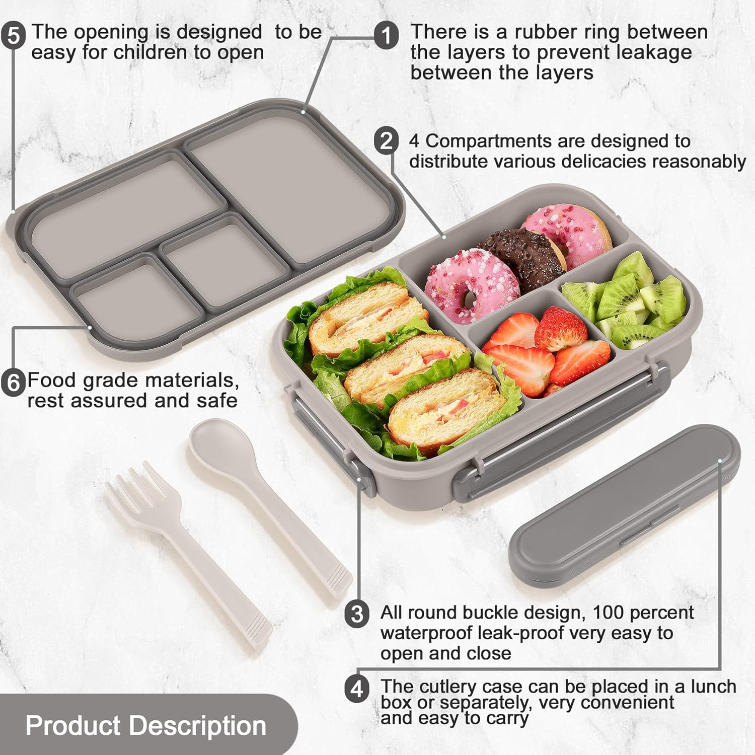 Lunch Box Kids,Bento Box Adult,Leakproof Lunch Containers for Adults/Kids/Toddler,1200Ml-4 Compartments Bento Lunch Box with Utensil,Microwave & Dishwasher & Freezer Safe (White) image number 1