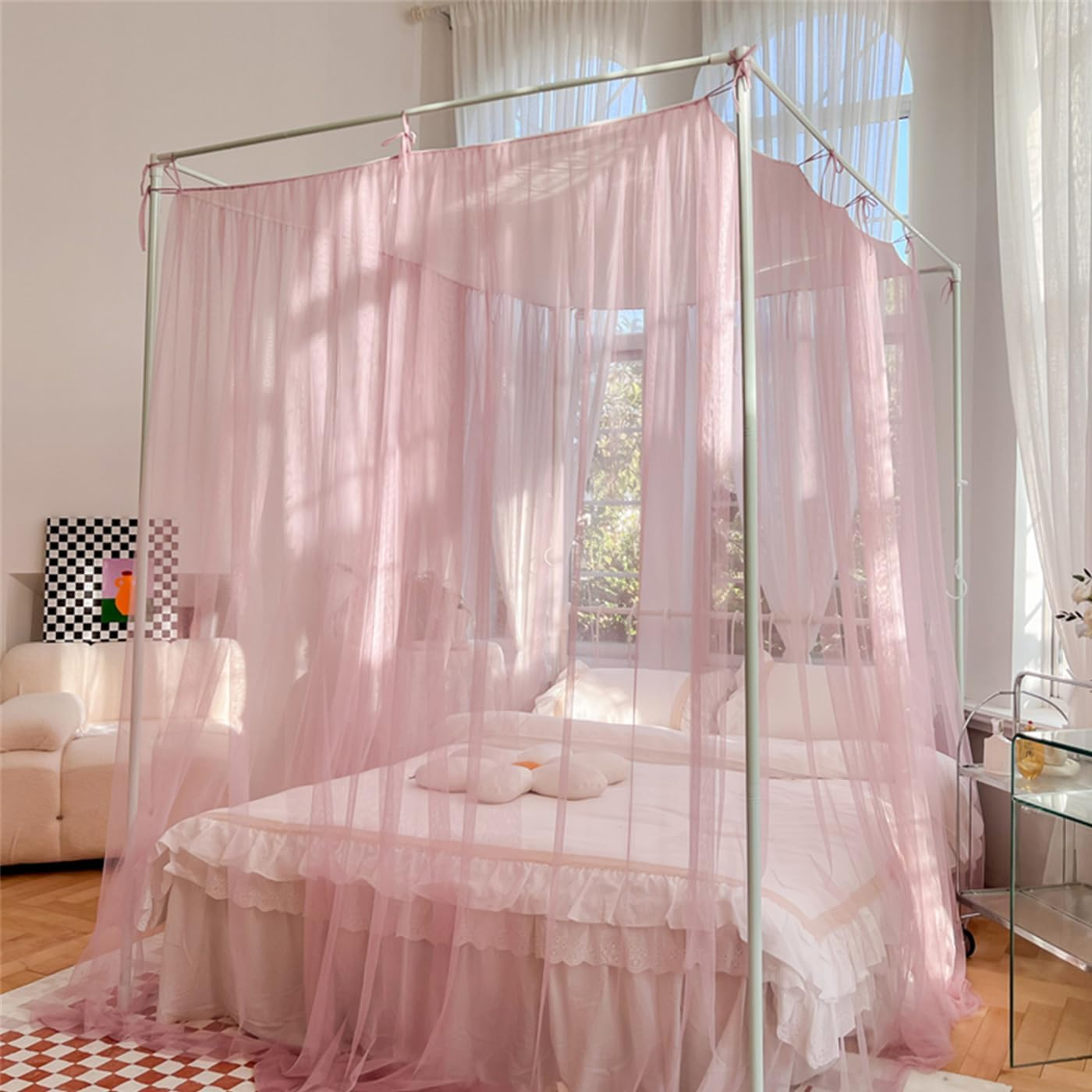Mosquito Net for Bed Canopy 4 Corners Post, Elegant Square 4 Openings Canopies Bedroom Ceiling Curtains Drapes for Twin/Queen/King Bed Room Decor Wedding Nursery Indoor Outdoor image number 3
