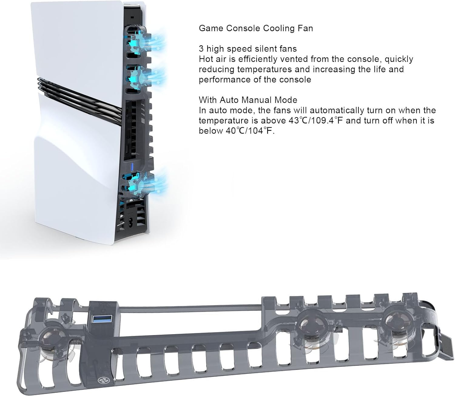 Cooling Fan for PS 5 Pro/Slim Console, PS 5 Silent Enhanced Cooling Fan with 3 High-Speed Fans & USB 3.0 Port, Auto Fan Speed Adjustable by Temperature, Auto Power On/Off image number 2