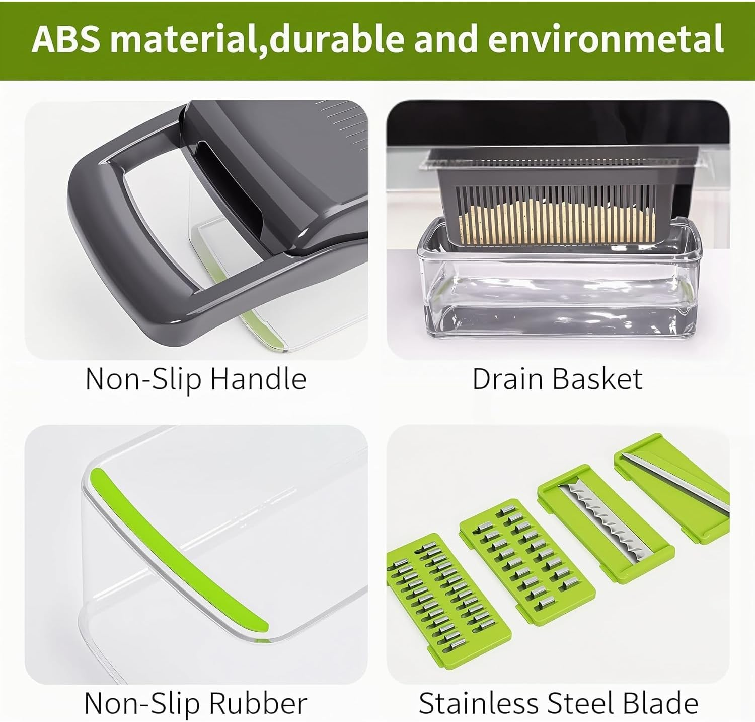 Vegetable Chopper, Multifunctional 16 in 1 Food Chop Onion Chopper Vegetable Slicer Cutter Dicer Veggie Chopper + 8 Blades,Colander Basket,Container for Salad Potato Carrot Garlic (Green+Black+White) image number 4