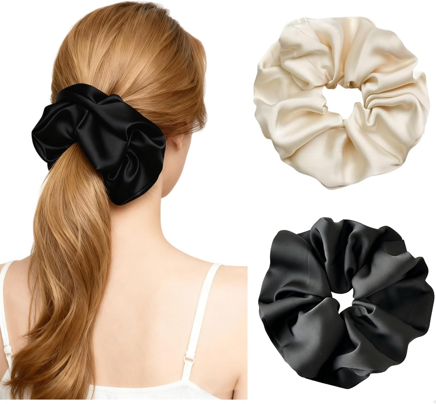 Jumbo Satin Scrunchies for Women, 2-Pack No-Damage Silk Scrunchies, Large Oversized Gentle Hair Ties That Reduce Breakage & Frizz, for Thick Hair Ponytail & Bun-Black and Beige