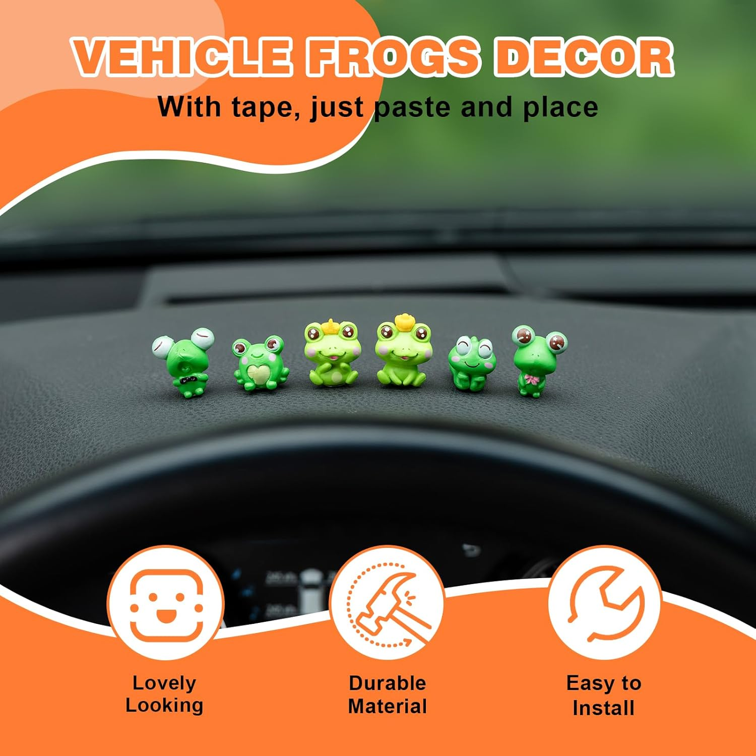 Cute Frog Car Dashboard Decor, 6PCS Fun Frog Car Dash Decorations Car Rear View Mirror Ornament Interior Accessories for Home Office - Lotus Leaf Frog image number 4