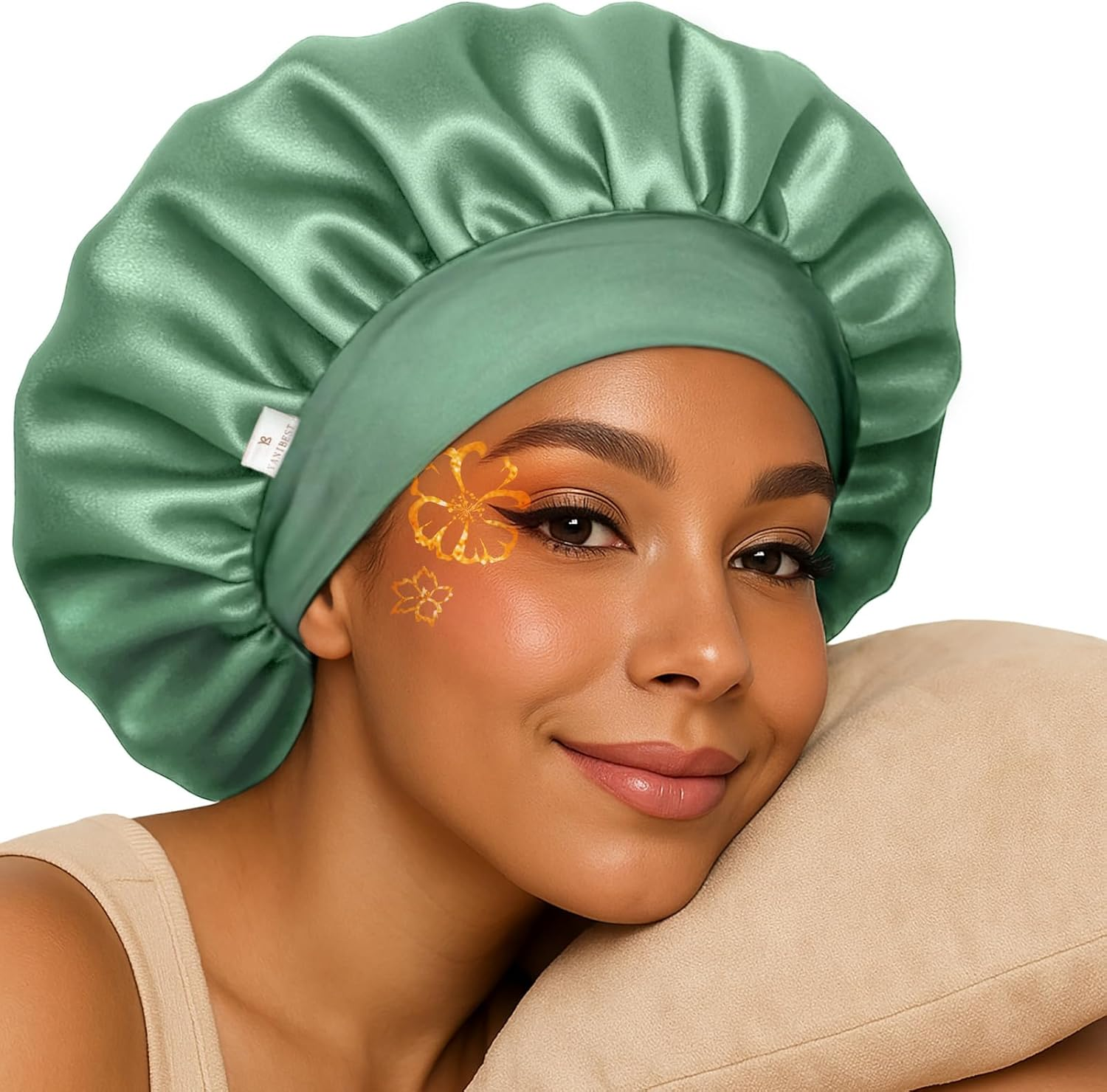 YANIBEST Silk Bonnet for Sleeping Women, Double Layer Hair Satin Bonnets with Elastic Band, Sleep Cap Curly Natural Hair, Green, One Size