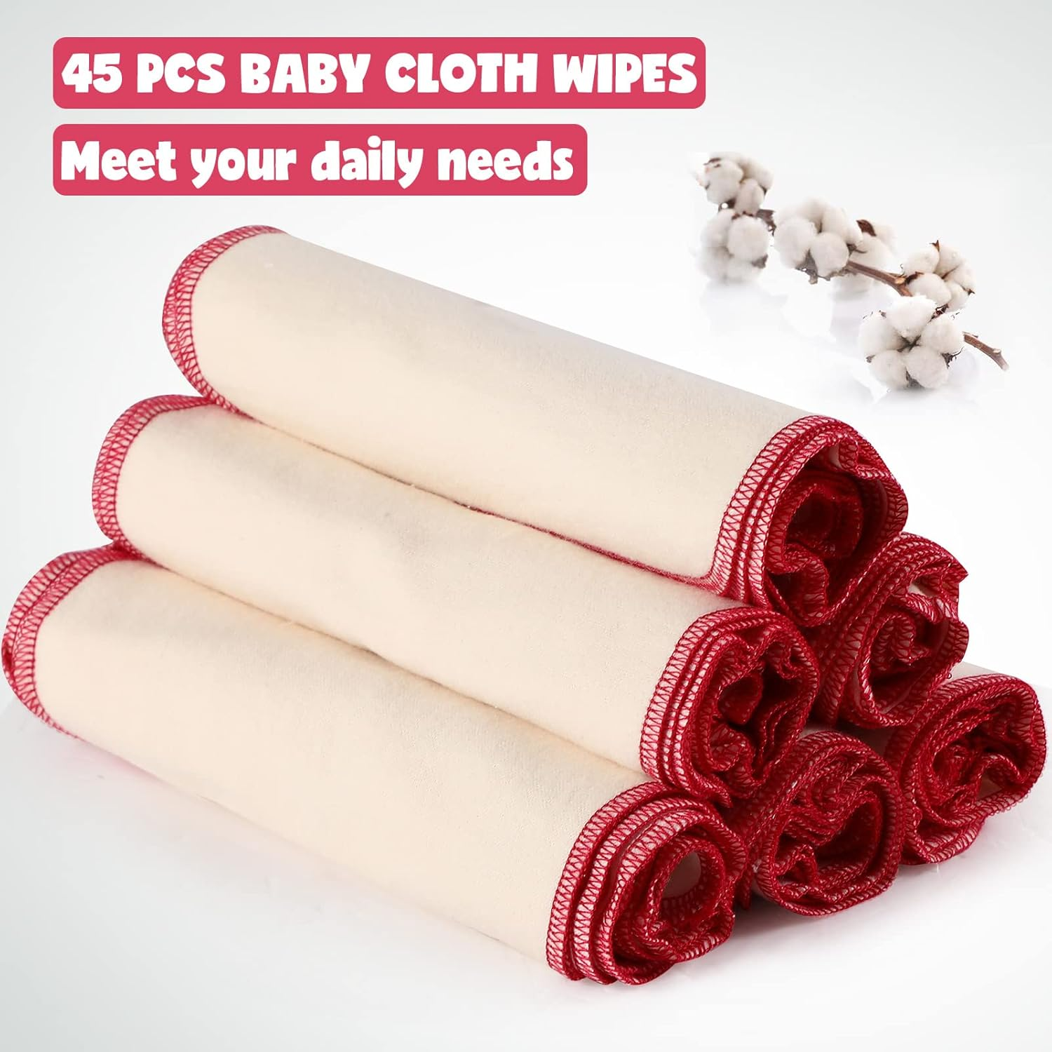 Meekoo 45 Pcs Unbleached Flannel Cloth Baby Wipes Reusable Baby Diapers Wipes 8 X 8 Inch Soft and Sturdy Washable Natural Cloth Tissues Outer Stitching(Red) image number 6