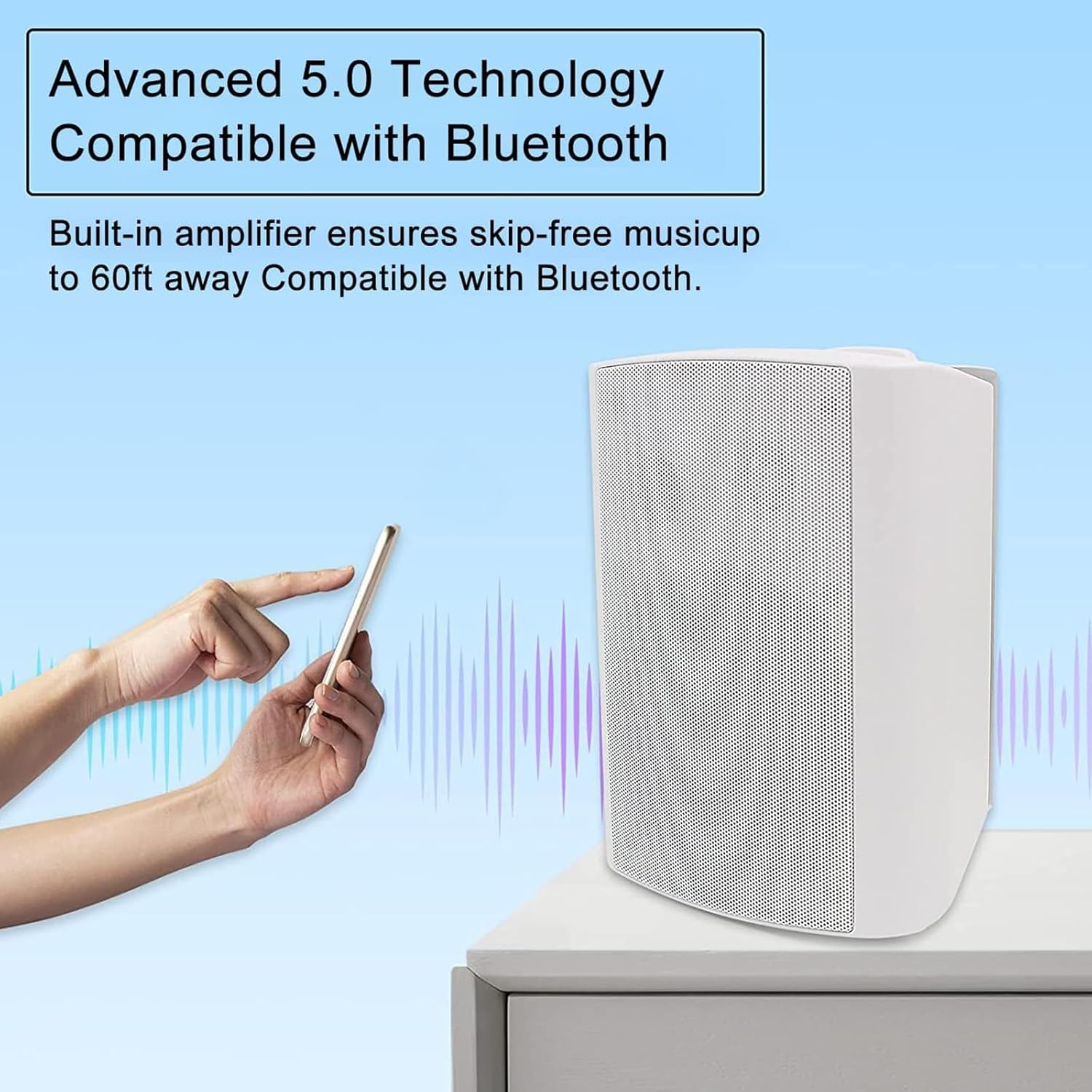 Herdio 5.25 Inches 300 Watts Indoor Outdoor Patio Speakers with Superior Stereo Dome Tweeter All Weather Wired Wall Mount System Compatible with Bluetooth(White) image number 2