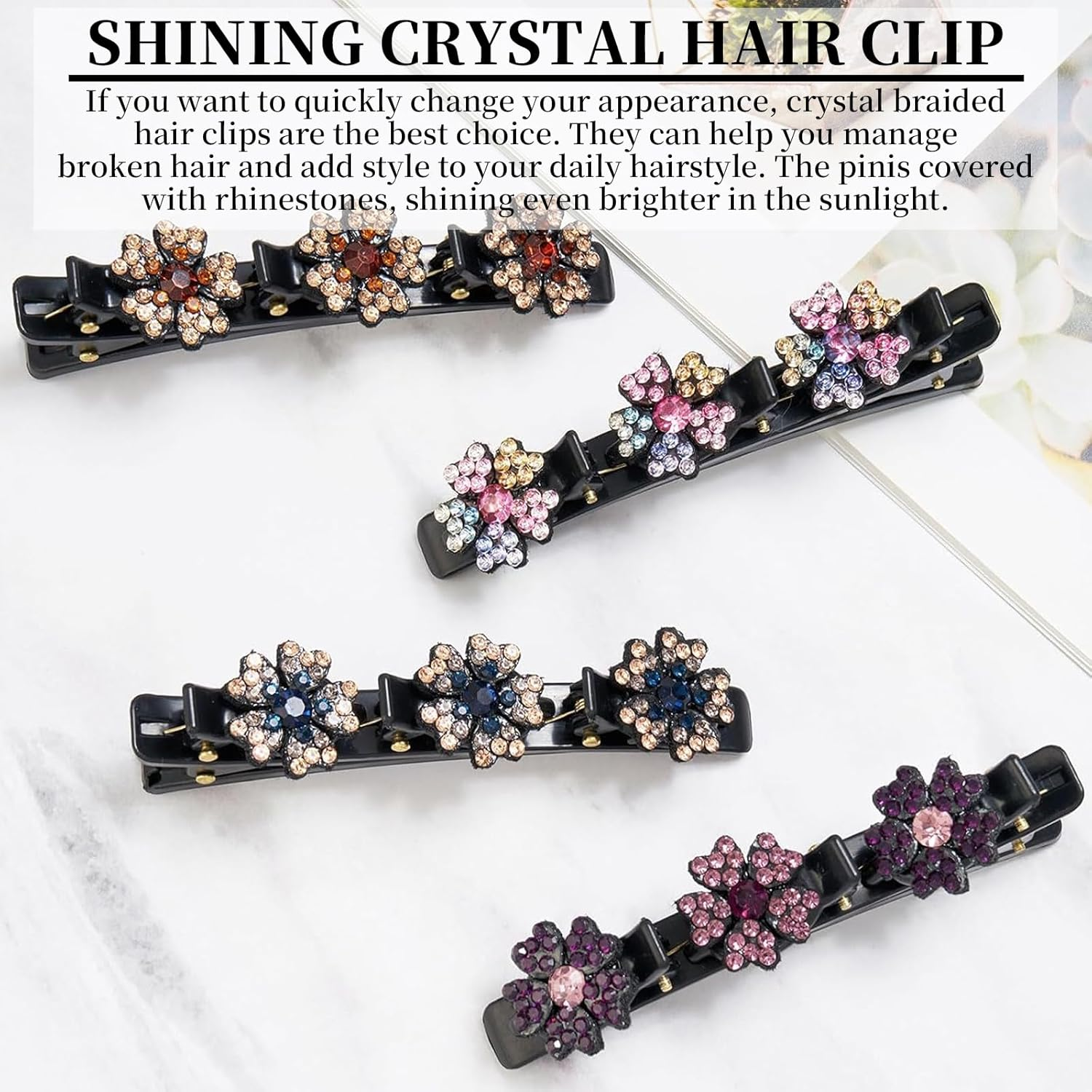 Pack of 4 Crystal Hair Clips Women - Flower Hair Clips, Five Leaf Clover Hair Accessories, French Hairpin, Flower Clip for Updo & Bridal Jewellery image number 3