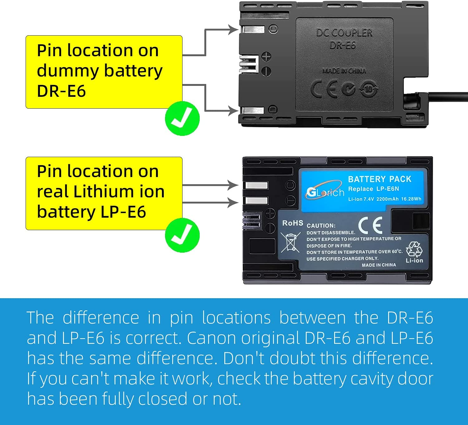 Glorich ACK-E6 AC Power Adapter DR-E6 DC Coupler LP-E6 LP-E6N Dummy Battery Power Supply Kit for Cameras Canon EOS R6 R5 R 90D 80D 7D Mark II 7D 70D 6D 60D 5D Mark IV 5DS with Fully-Decoded Smart Chip image number 6