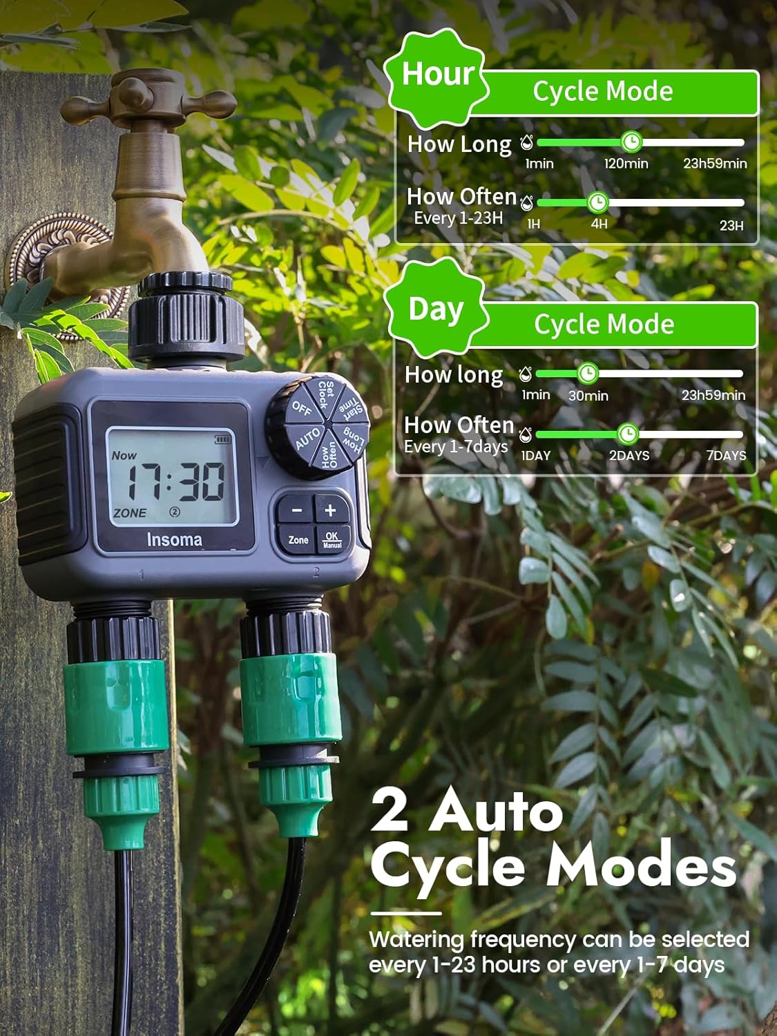 Sprinkler Timer 2 Zone, Insoma Water Timer with Auto/Manual/Rain Delay Irrigation System, Programmable Hose Timer 2 Outlet for Garden Watering, Outdoor Irrigation Timer for Lawn, Yard, Pool