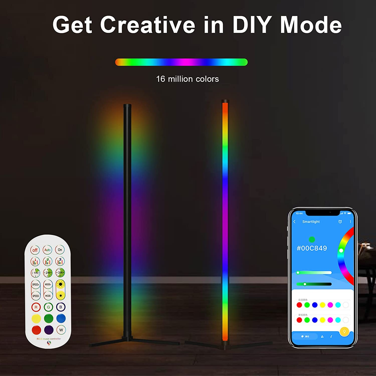 Corner Floor Lamp, RGB Color Changing Mood Lighting, Dimmable LED Modern Floor Lamp with with Remote/Music Sync and DIY Colors, Color Changing Ambiance Lamp for Living Room Bedroom Gaming Room image number 2
