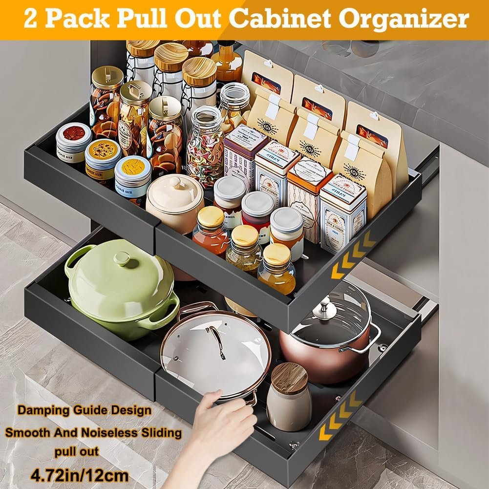 2 Pack Pull Out Cabinet Organizer, Expandable (12.6-18.9In) Pull Out Drawers for Cabinets with Adhesive Slide Out Drawers for Kitchen Pantry Bathroom Home Storage, Black image number 4
