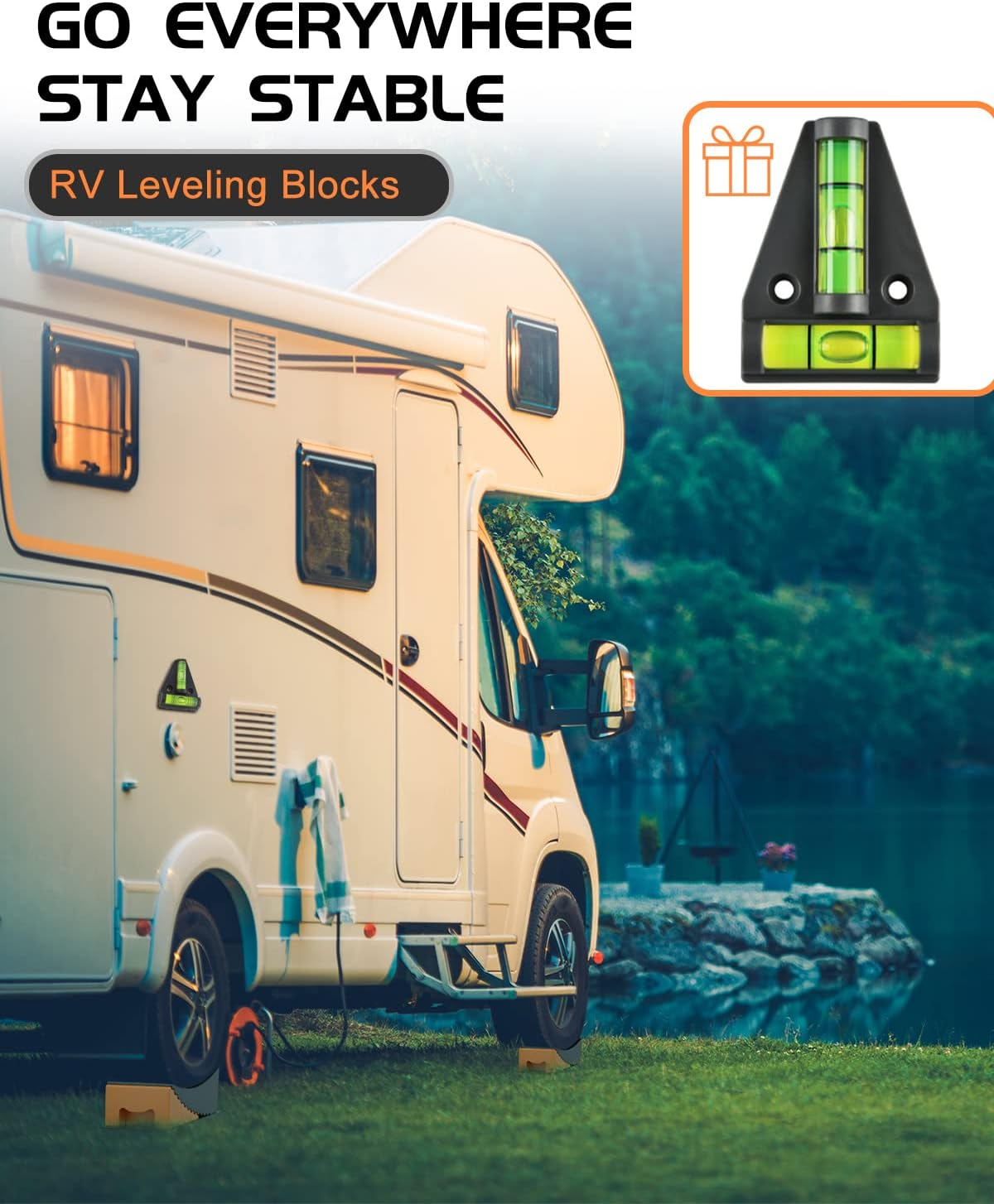 RV Leveling Blocks Ramp Kit, 2 Packs Camper Leveler System for Travel with Two Chocks, 2 Anti-Slip Mats, 1T Bubble Level and Carry Bag, up to 35000 LBS, Easier & Faster to Level Camper-Orange image number 5
