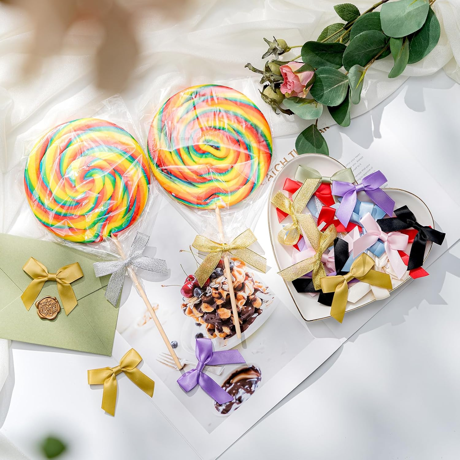 MORSUNBELA 50 Mini Bows,Self-Adhesive Bows Decorations for Party,Gift Wrapping,Crafting,Weddings Cake Decor,Diy Projects,Small Bow,Gold image number 6