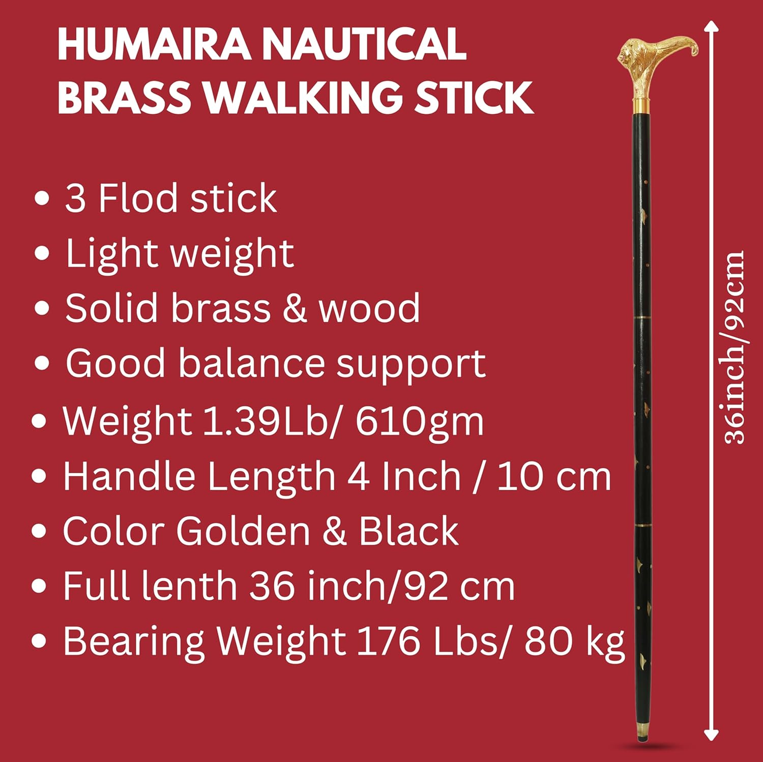 Humaira Nautical Solid Brass Lion Head Handle Wooden Walking Stick Cane Vintage Designer Handmade image number 2