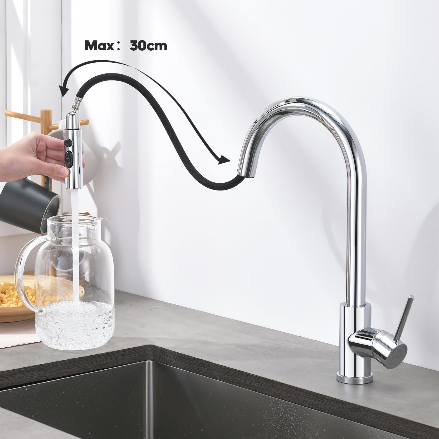 Decaura Polished Chrome Lead-Free Kitchen Mixer Taps Pull Out 3-Mode Metal Sprayer Laundry Sink Mixer Tap 360&deg; Swivel Spout (Chrome) - Chrome image number 5