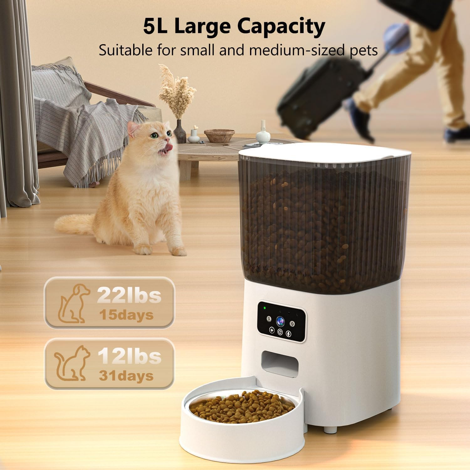 Automatic Cat Feeder with Camera, 1080P Live Video with Night Vision, 5L Cat Food Dispenser for Remote Feeding, 2-Way Audio, Smart Pet Feeder for Cats and Dogs with App Control image number 2