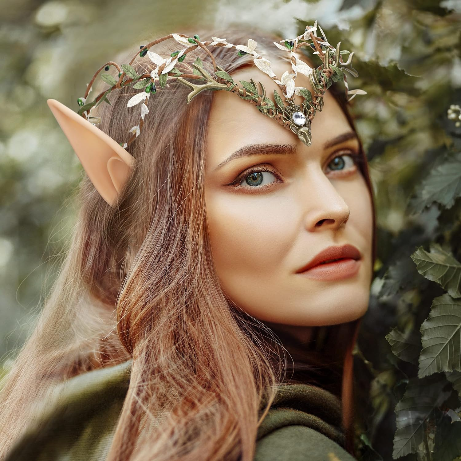 MOSTORY Elf Ears with Headband Woodland Crown Headpiece Fairy Pixie Ears and Green Twigs Circlet Cosplay Costumes for Women - Bronze image number 3