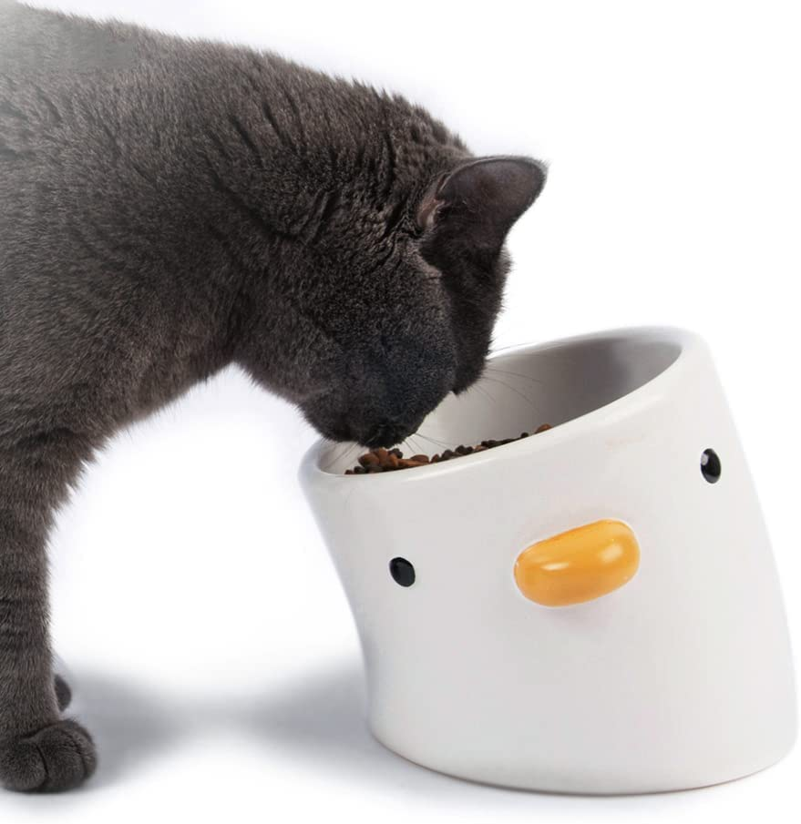 PURROOM Raised Cat Bowl 18&deg; Prevent Vomiting and Protect Pet'S Cervical Spine, Handcrafted Safety Ceramics, Cute Chick Shape, 2.2Lb Weight, Suitable for Small Dogs and All Cats.