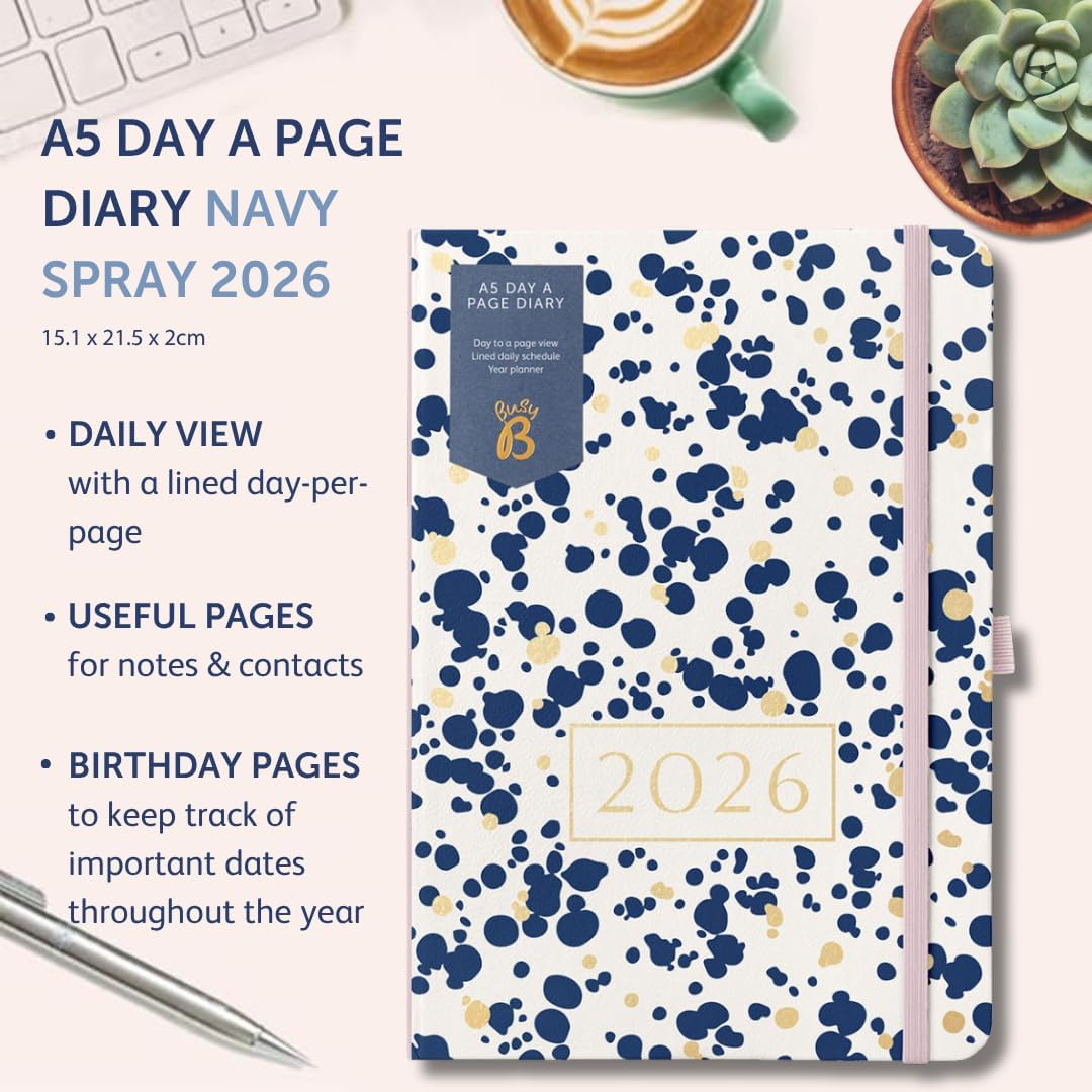 Busy B 2026 A5 Diary Day-A-Page Planner for Students, Professionals & Teachers - Navy Spray Print with Gold Foil, Jan - Dec, Elastic Closure & Ribbon Marker - Organizer for Desk or Handbag - Fuchsia image number 3