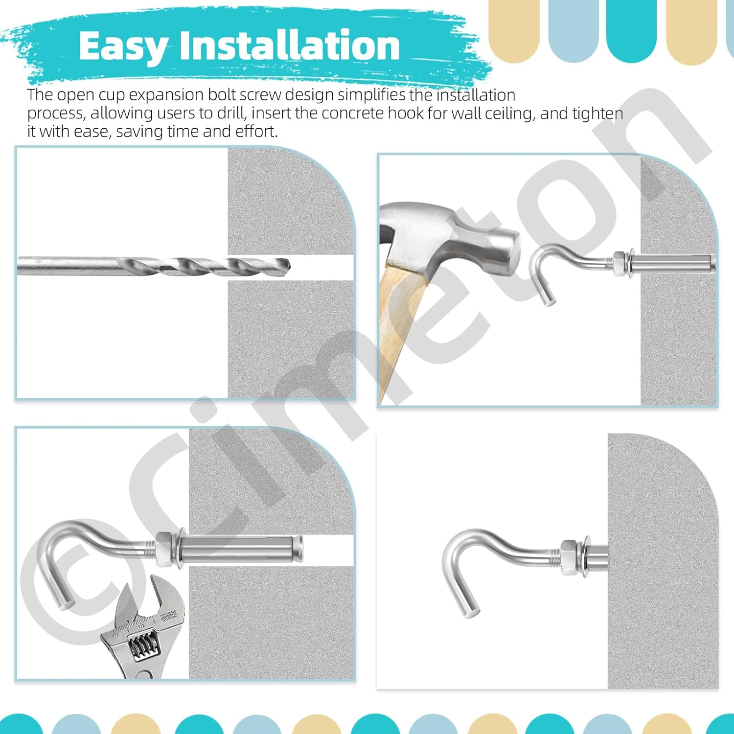 Cimeton 6Pcs M12 Concrete Wall Hook 304 Stainless Steel Expansion Hook Heavy Duty Hook Concrete Wall Hook Screw Open Cup Hook Heavy Duty Hooks Expansion Bolts