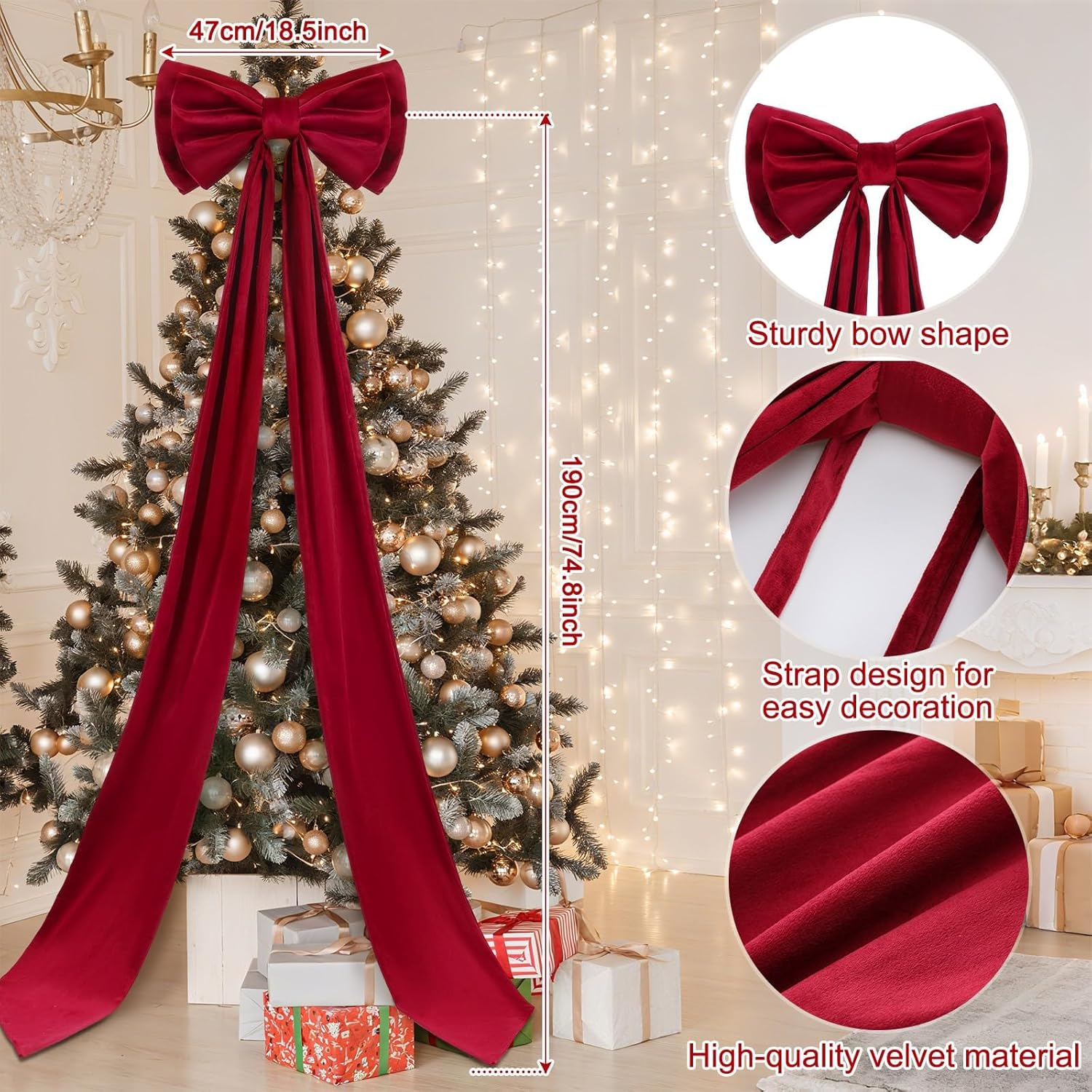 Koeay Christmas Tree Topper Bow, 75X18 Inch Extra Large Red Velvet Bows for Room Wall Backdrop, Home Christmas Tree, Large Bow Ribbon Tie for Wedding Christmas Fall Birthday Party (Wine Red, Velvet) image number 4