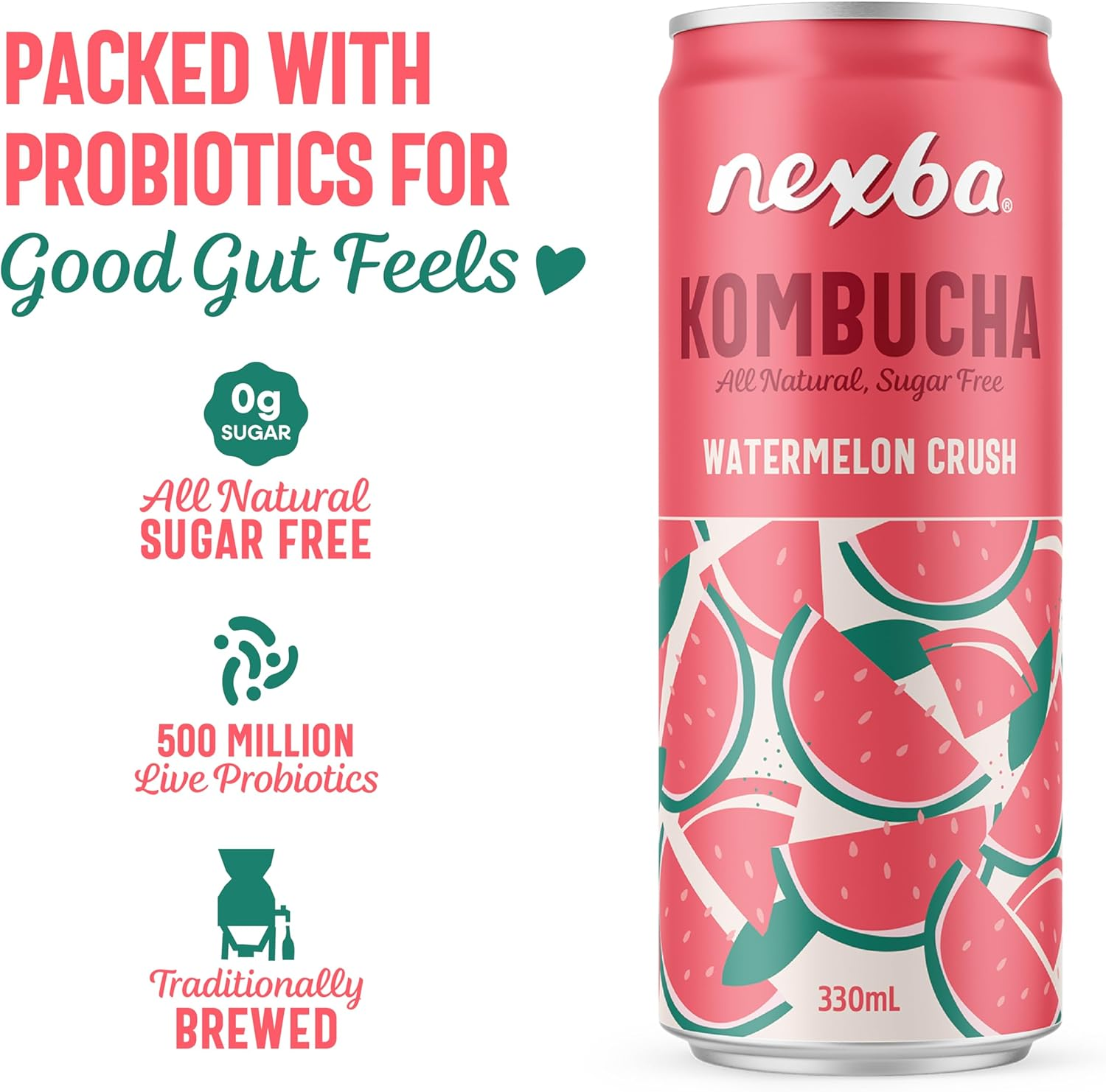 Nexba Kombucha &ndash; Watermelon Crush &ndash; All Natural Sugar Free &ndash; 24 X 330Ml Cans image number 3