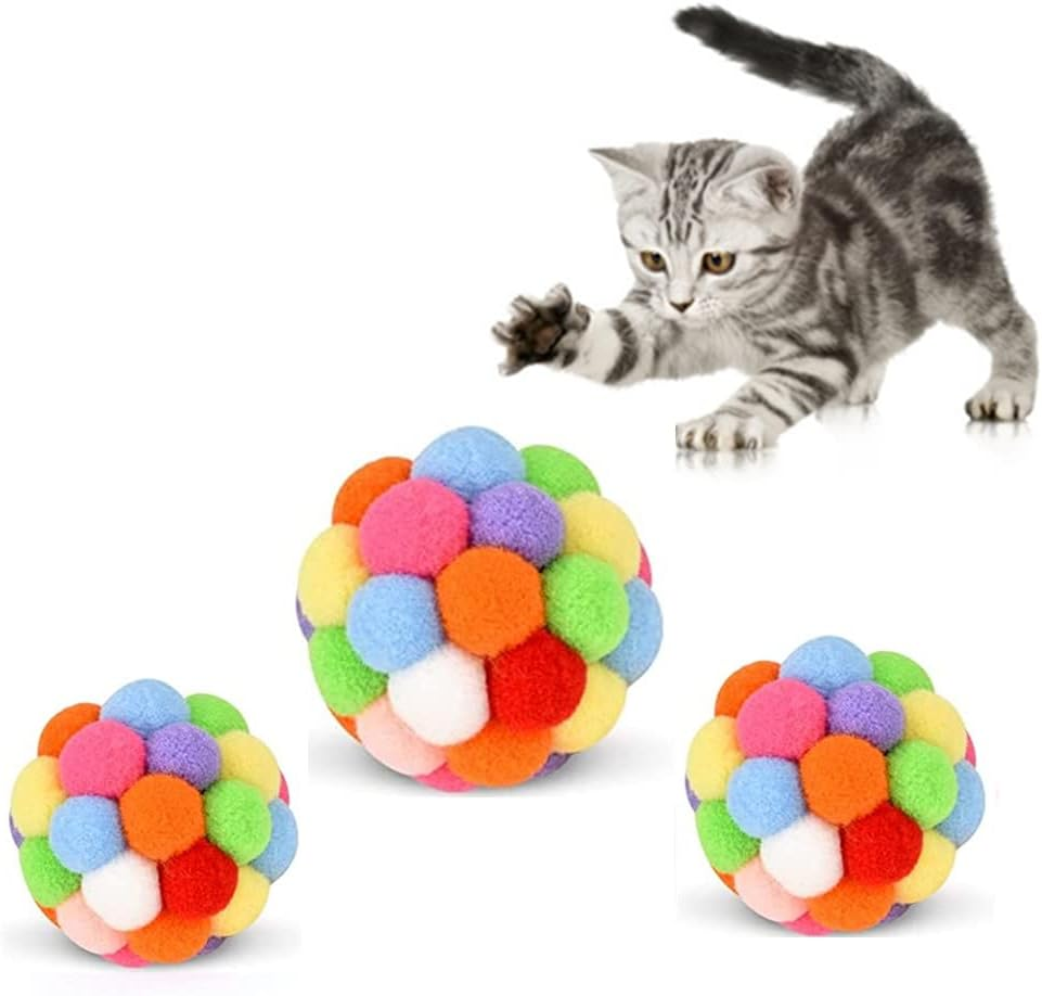 4 Pack Cat Toy Balls with Bell,Cat Toys Pom Pom Balls Soft, Colorful Soft Fuzzy Balls Built-In Bell for Cats, Interactive Playing Chewing Toys for Indoor Cats and Kittens(2 Sizes) - B image number 4
