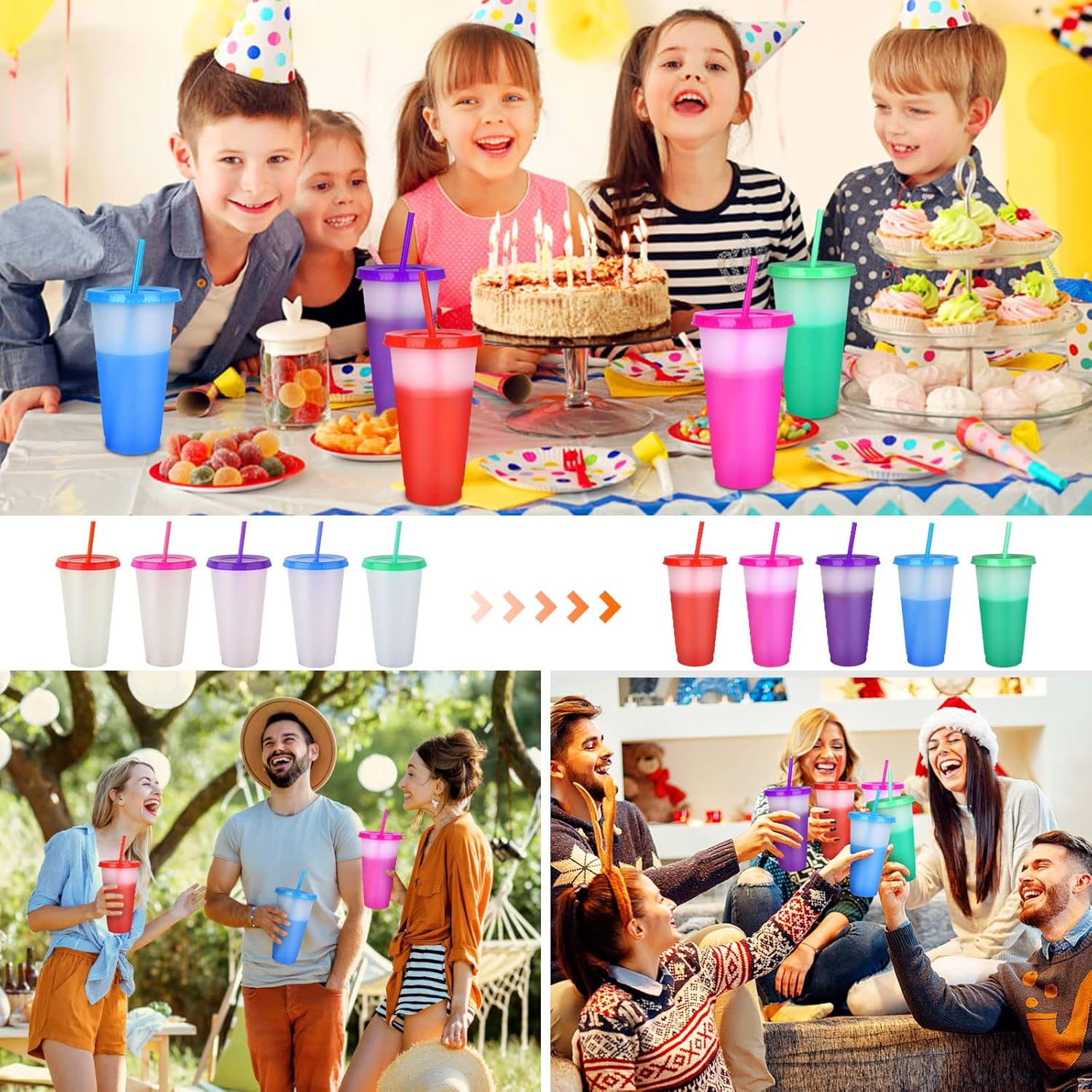 Color Changing Cups with Straws & Lids: 24Oz Cold Water Drinking Cups 5 Pack Reusable Plastic Tumbler Bulk Ice Cold Drinking Cup for Kids Partytravel Mug image number 3